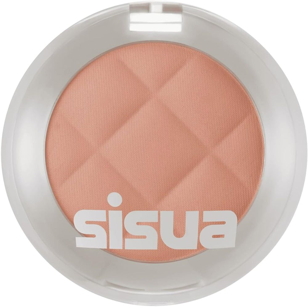 Runder, rosafarbener Blusher in einer transparenten Dose mit dem Schriftzug 'sisua'.