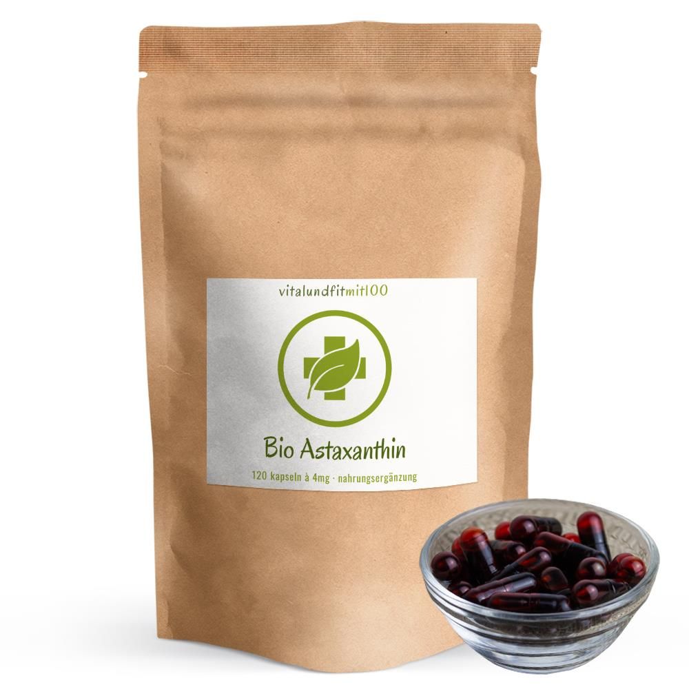 Braune Papierverpackung mit Etikett und Schale mit roten Kapseln. Aufschrift: Bio Astaxanthin, Logo mit Blatt und Kreuz. 120 Kapseln.