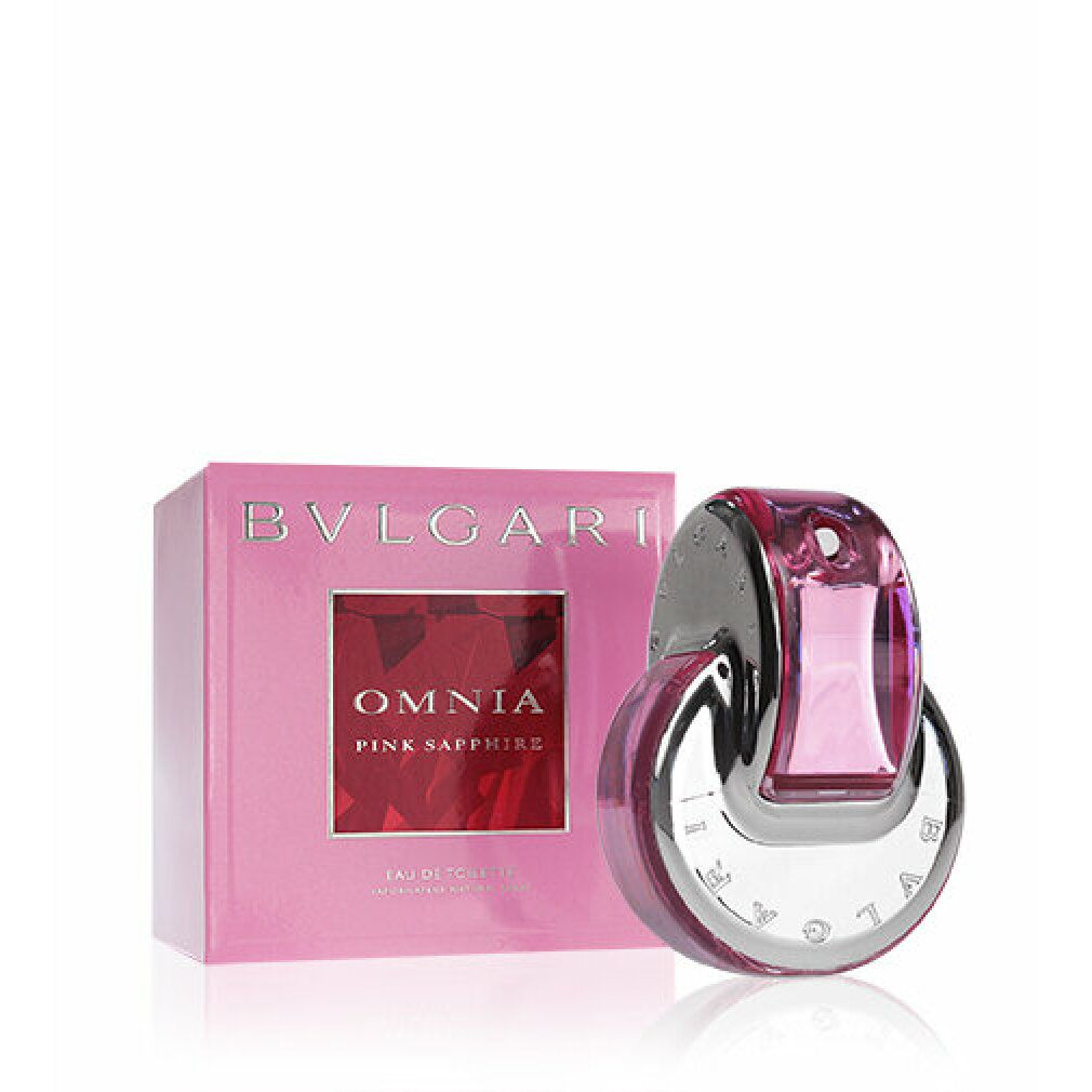 Rosa Flakon und Verpackung. Flakon mit silbernem Deckel. Aufschrift: Omnia Pink Sapphire. 65 ml.