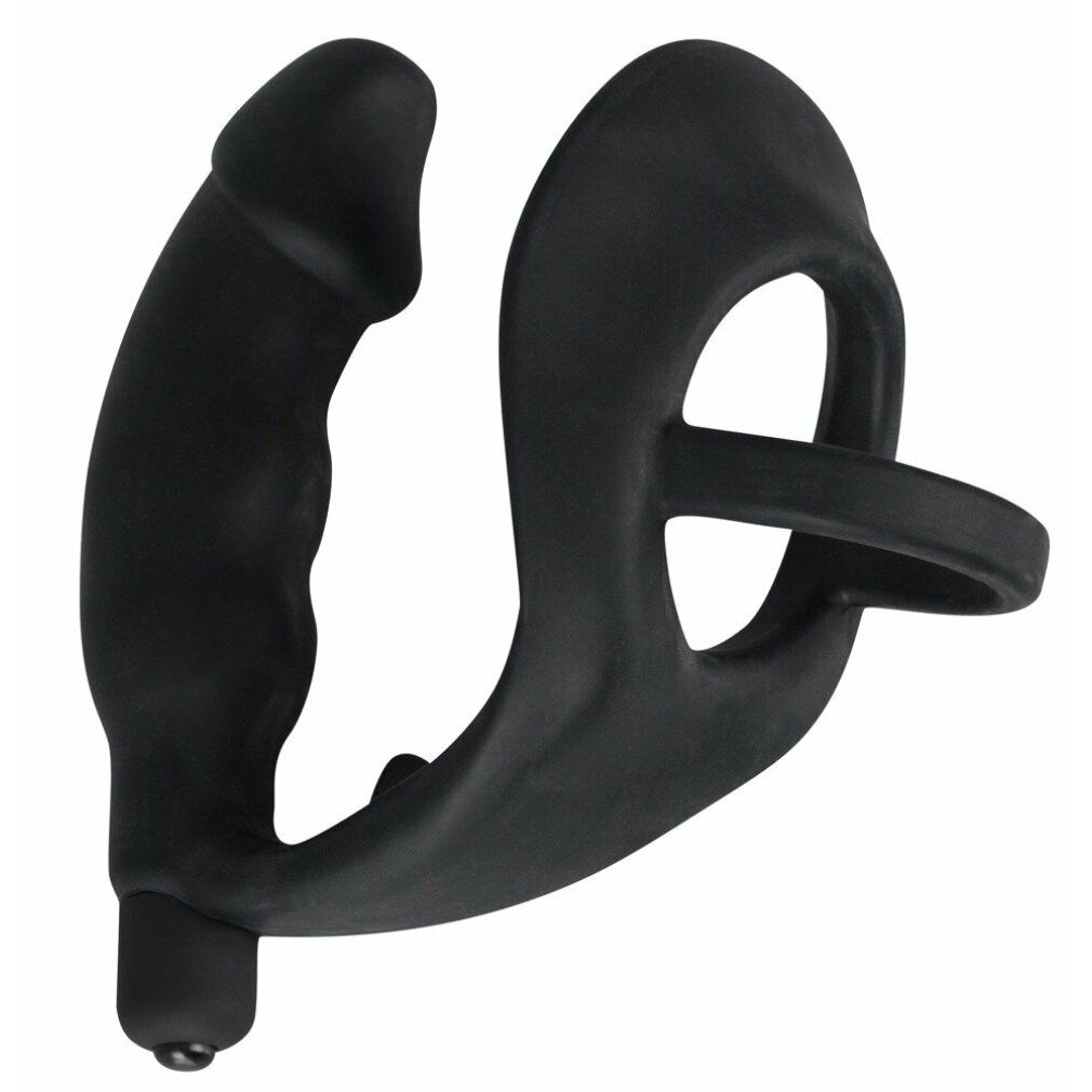 Schwarzer Penis-/Hodenring mit Analplug. Aus Silikon. Mit einem Ring.