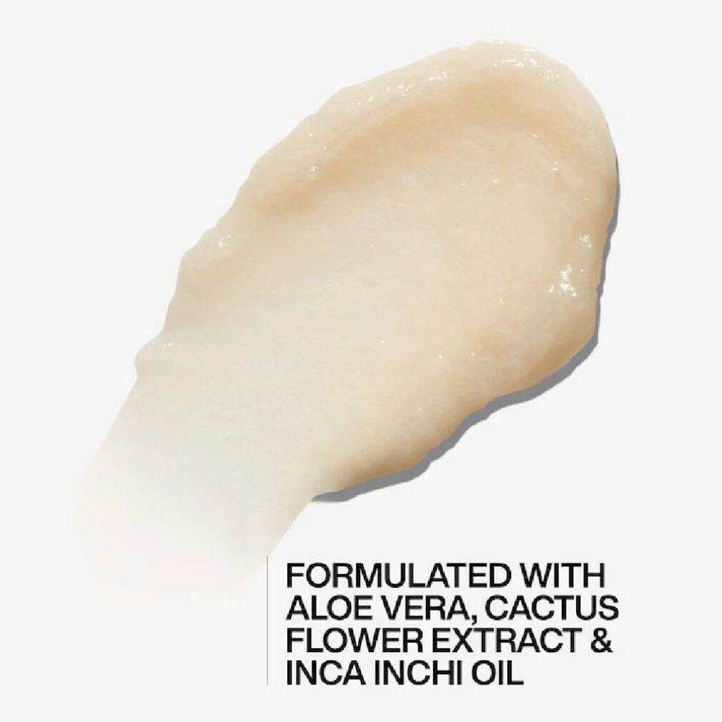 Creme-Textur. Enthält Aloe Vera, Kaktusblütenextrakt und Inca Inchi Öl. Auf weißem Hintergrund.