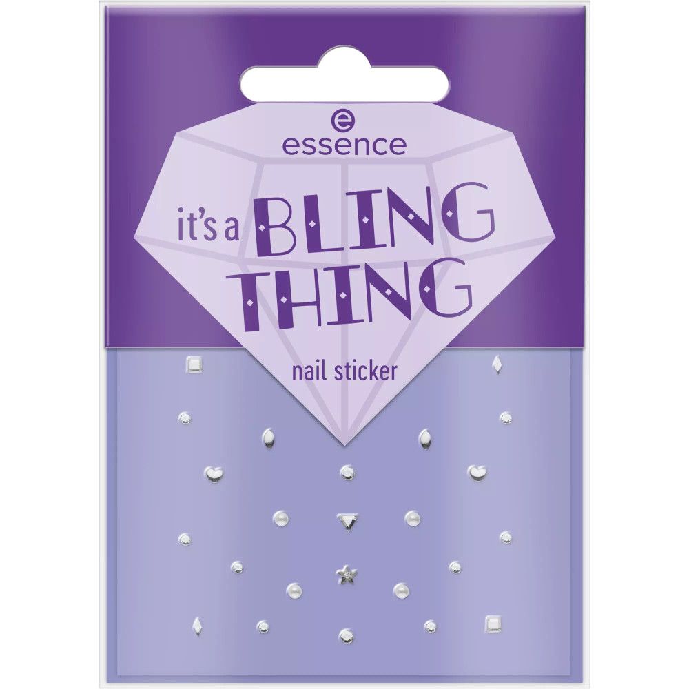 Nagelsticker-Packung mit Strasssteinen. Diamantförmige Verpackung mit Schriftzug 'it's a BLING THING' und 'essence'.