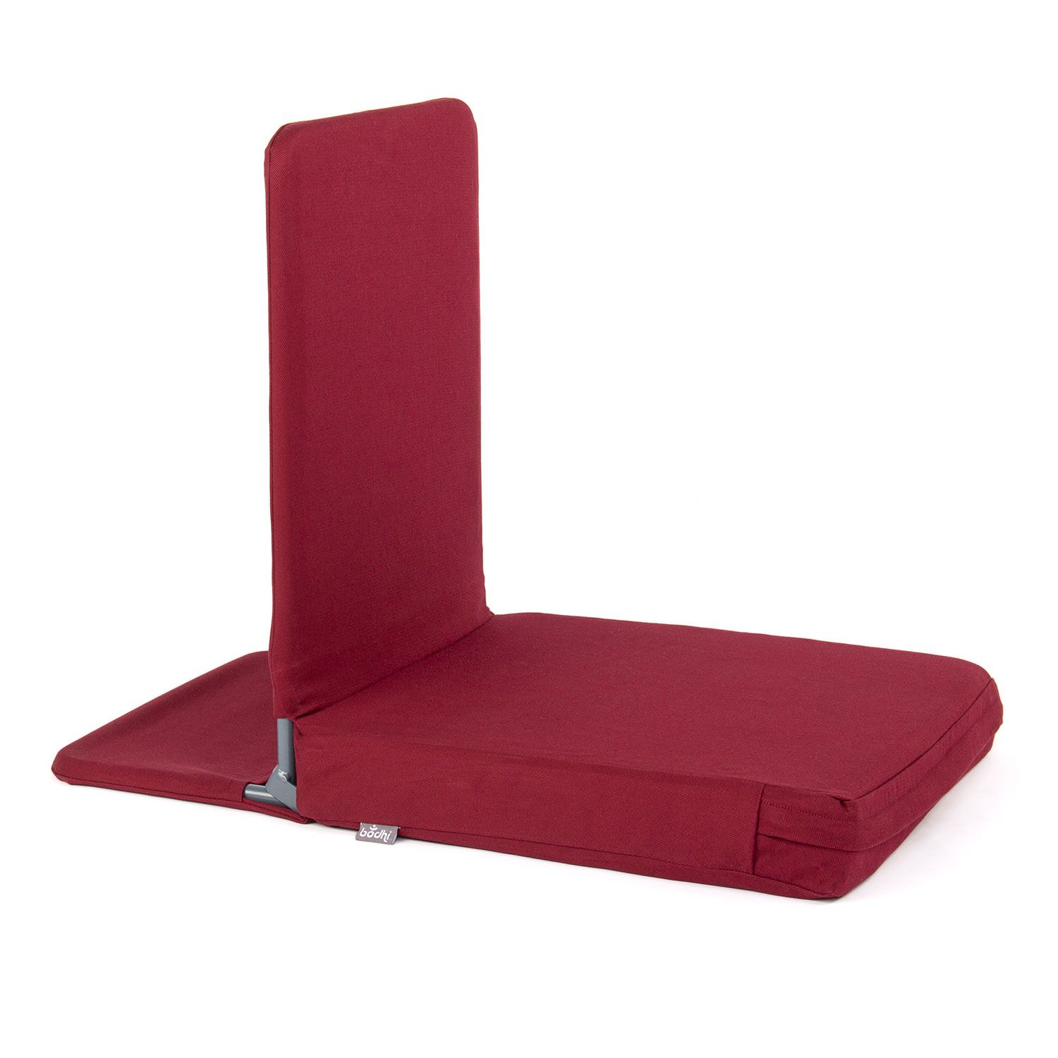 Bordeauxrode opvouwbare vloerstoel XL. Gevoerde zitting en rugleuning. Metalen frame. Merk bodhi.