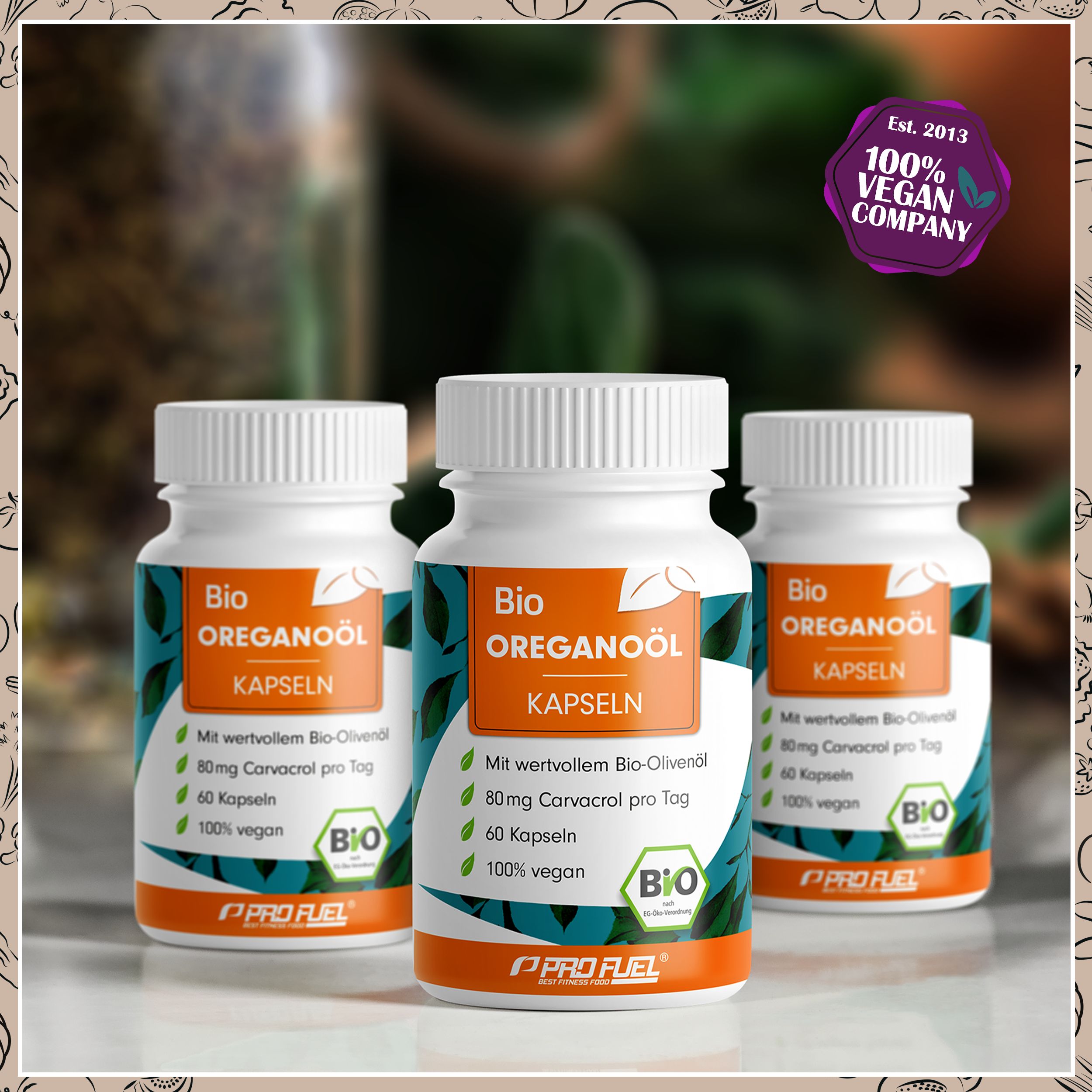 Drei Flaschen 'Bio Oreganoöl Kapseln'. Jede Flasche enthält 60 Kapseln, 100% vegan, Bio-Siegel. Mit 'ProFuel' Logo.