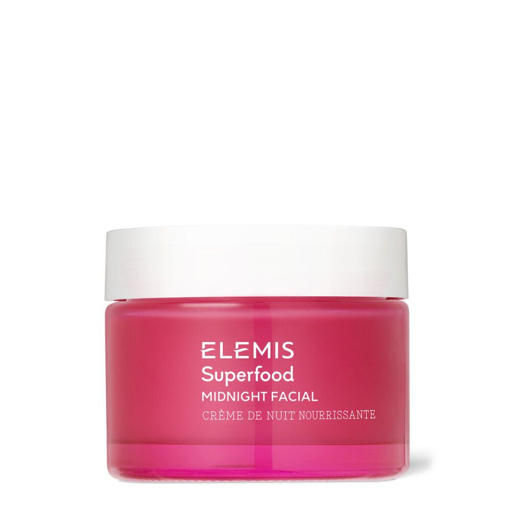 Rosa Tiegel mit weißem Deckel. Aufschrift: Elemis Superfood Midnight Facial. Creme de Nuit Nourrissante.