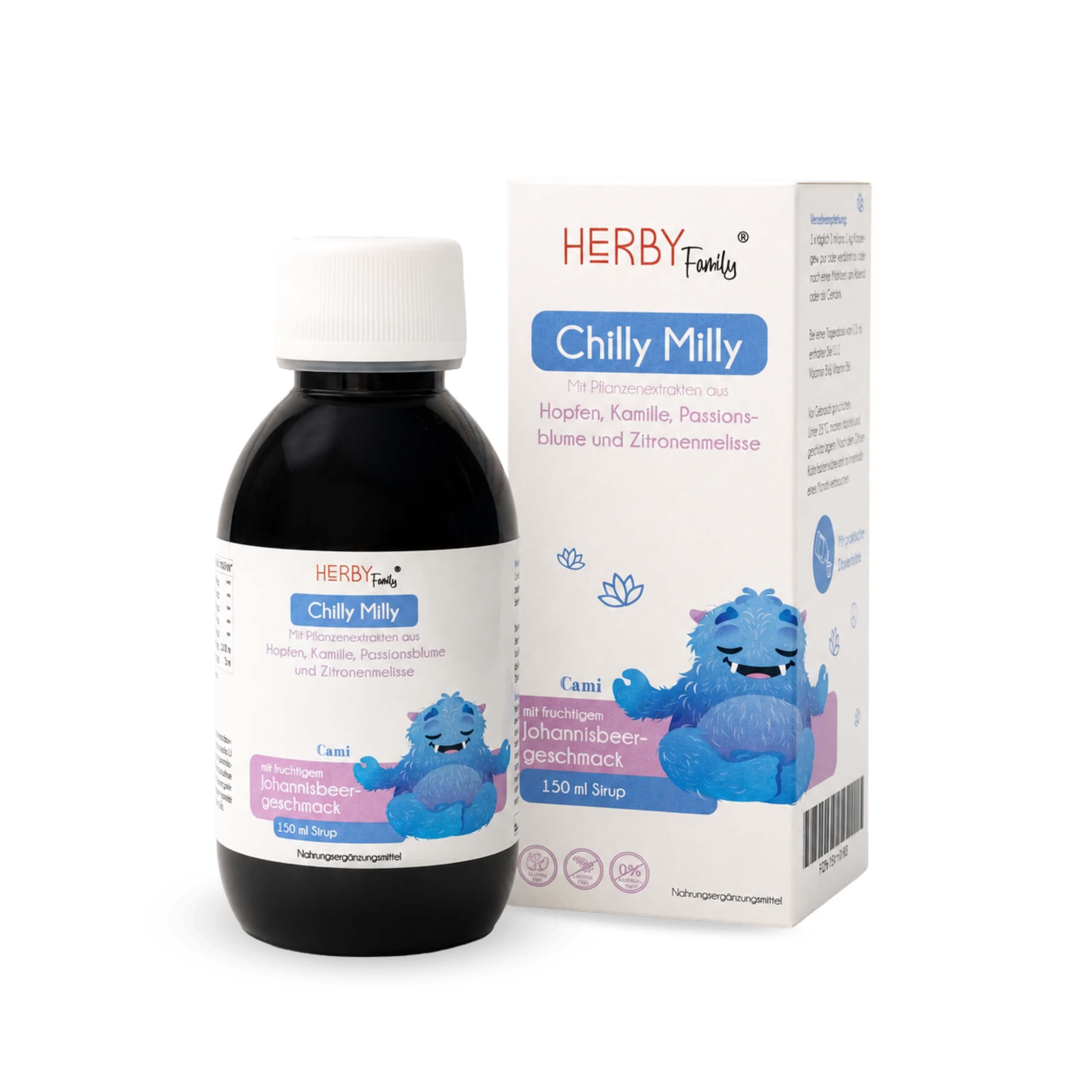Flasche und Karton des Kinder-Saftes "Chilly Milly" mit Monster-Motiv.