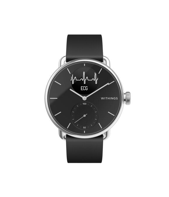 Schwarze Smartwatch mit rundem Zifferblatt, silbernem Gehäuse und schwarzem Armband. ECG-Anzeige und Withings-Logo.