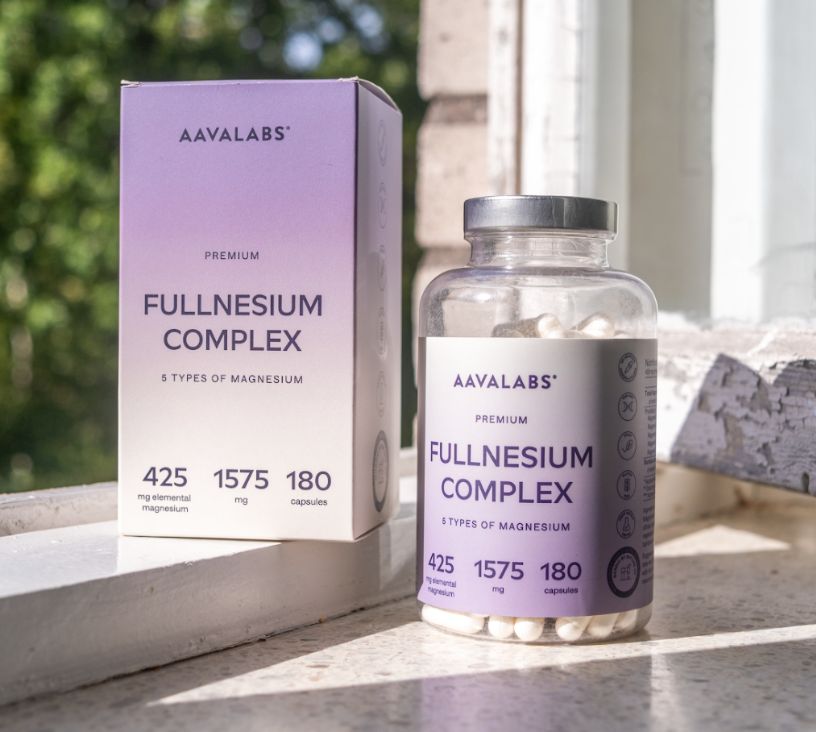 Aavalabs Magnesium Komplex Flasche und Karton im Freien. 5 Magnesiumarten, 1575mg.