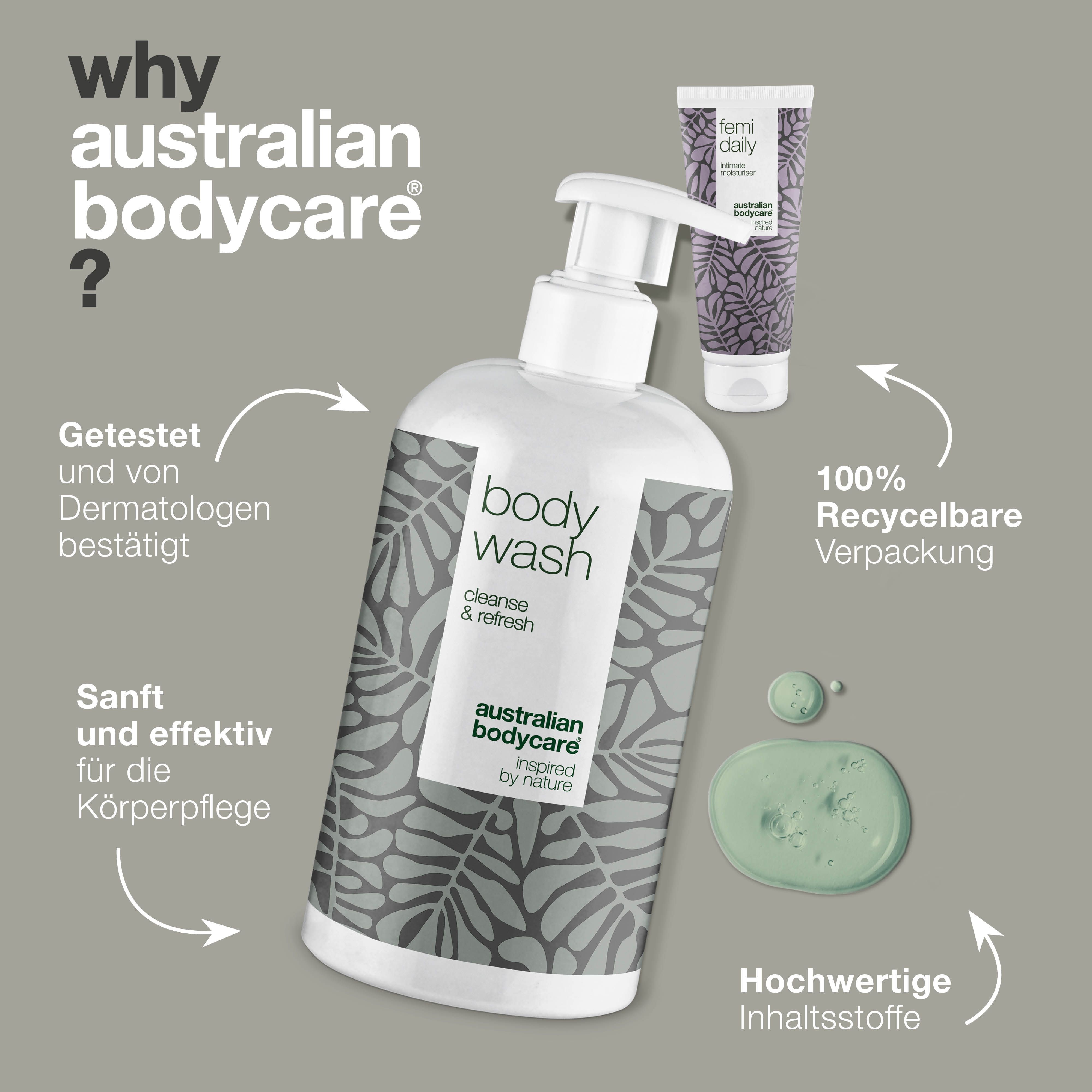 Body Wash und Intimfeuchtigkeitspflege. Text: 'Warum Australian Bodycare?'. Vorteile und Verpackung.