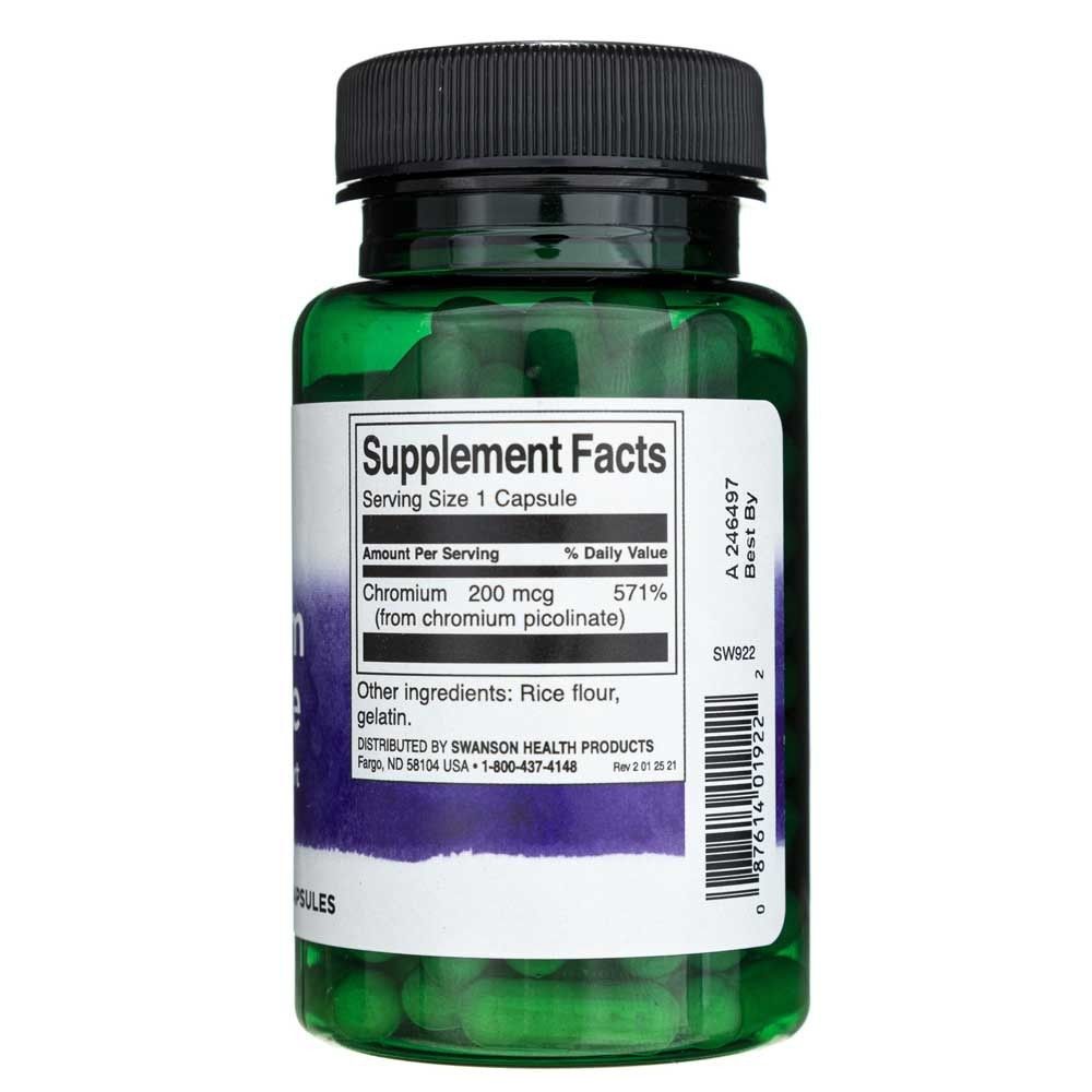 Rückseite der Flasche Swanson Chromium Picolinate mit Nährwertangaben.