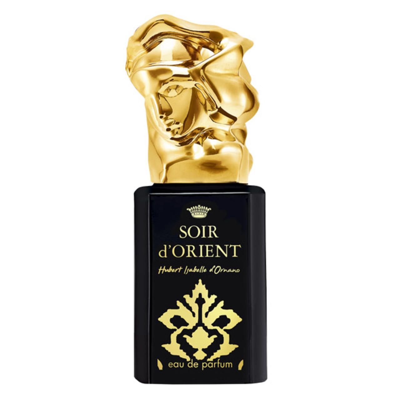 Schwarzer Flakon mit goldfarbenem Kopfaufsatz. Aufschrift: Soir d'Orient, Hubert Isabelle d'Ornano. Eau de Parfum.