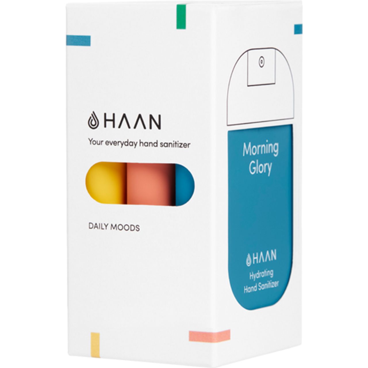 Verpackung mit drei Handdesinfektionsmitteln. Weiß mit farbigen Akzenten. Sichtbar: Morning Glory. Marke HAAN.