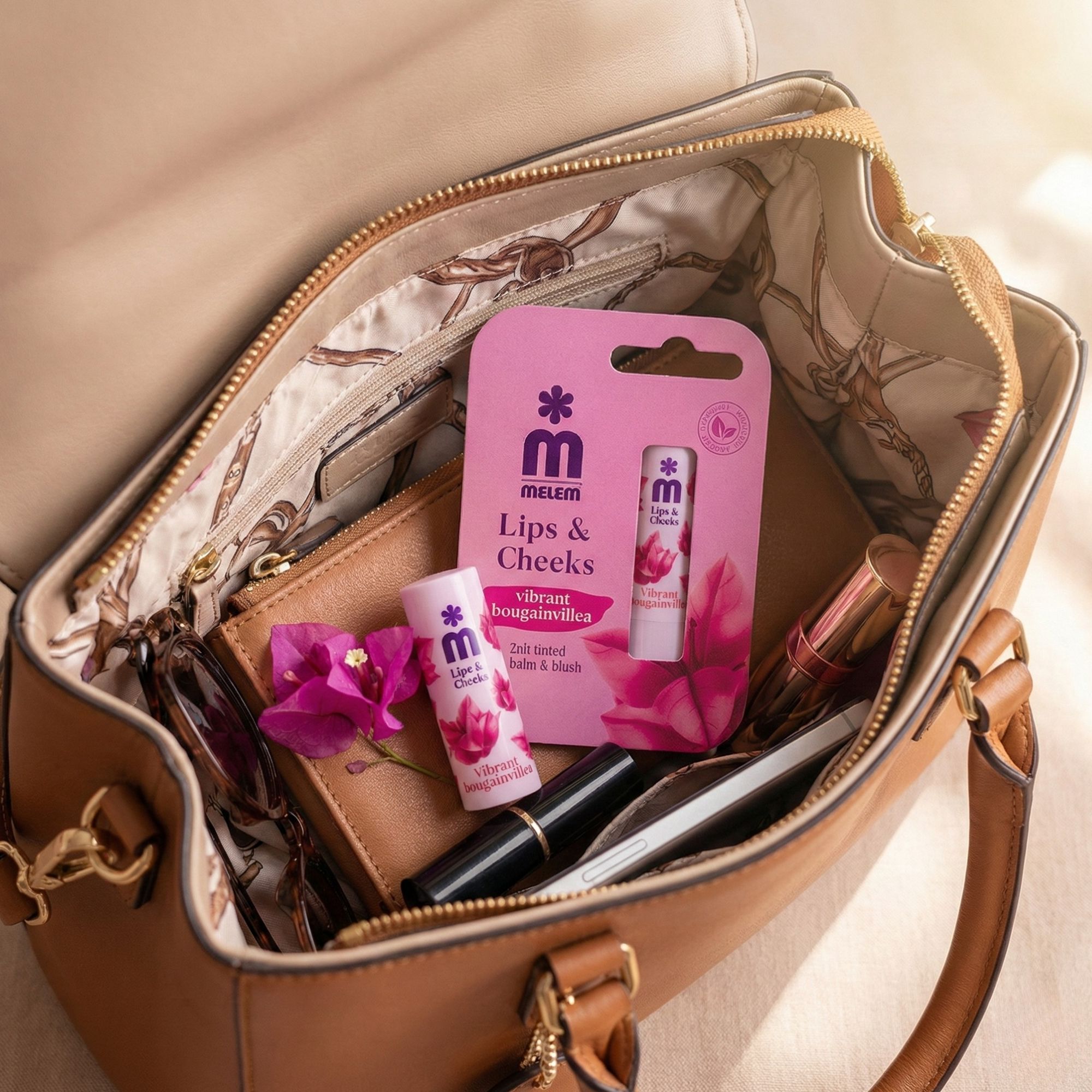 Produktverpackung und Lippenbalsam in Handtasche. Weitere Kosmetikartikel sichtbar. Produktname: Melem Lips & Cheeks. Verpackung mit Produktabbildung.