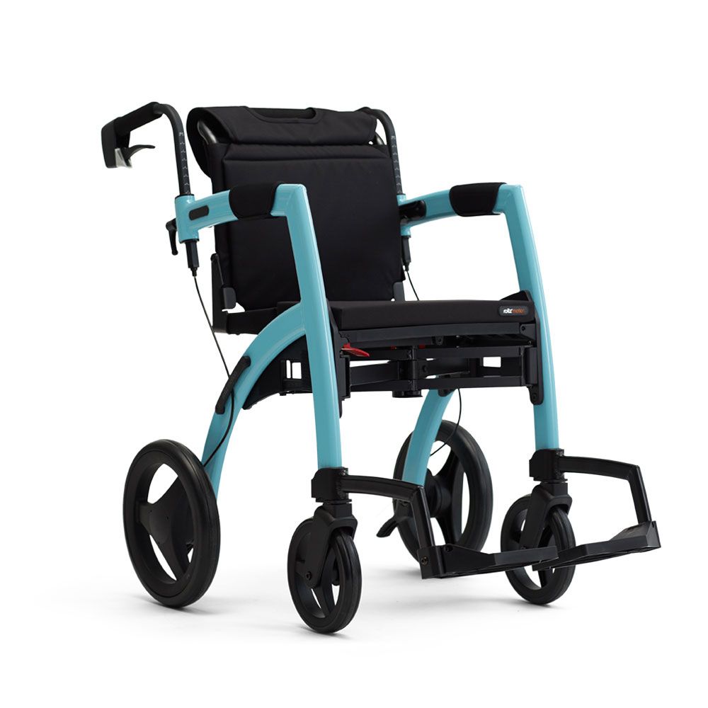 Blaugrüner Rollator mit Sitz, Rückenlehne und vier Rädern. Schwarze Tasche hinten.