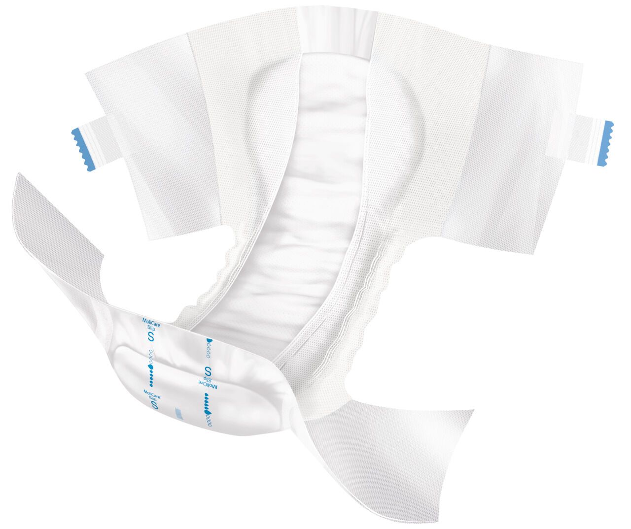 Aufgeklappte Hartmann MoliCare Slip S Inkontinenz-Einlage mit blauen Klebestreifen und Saugkern.