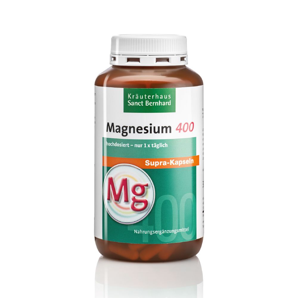 Braune Flasche mit weißen Kapseln. Aufschrift: Magnesium 400 supra-Kapseln. Kräuterhaus Sanct Bernhard Logo.