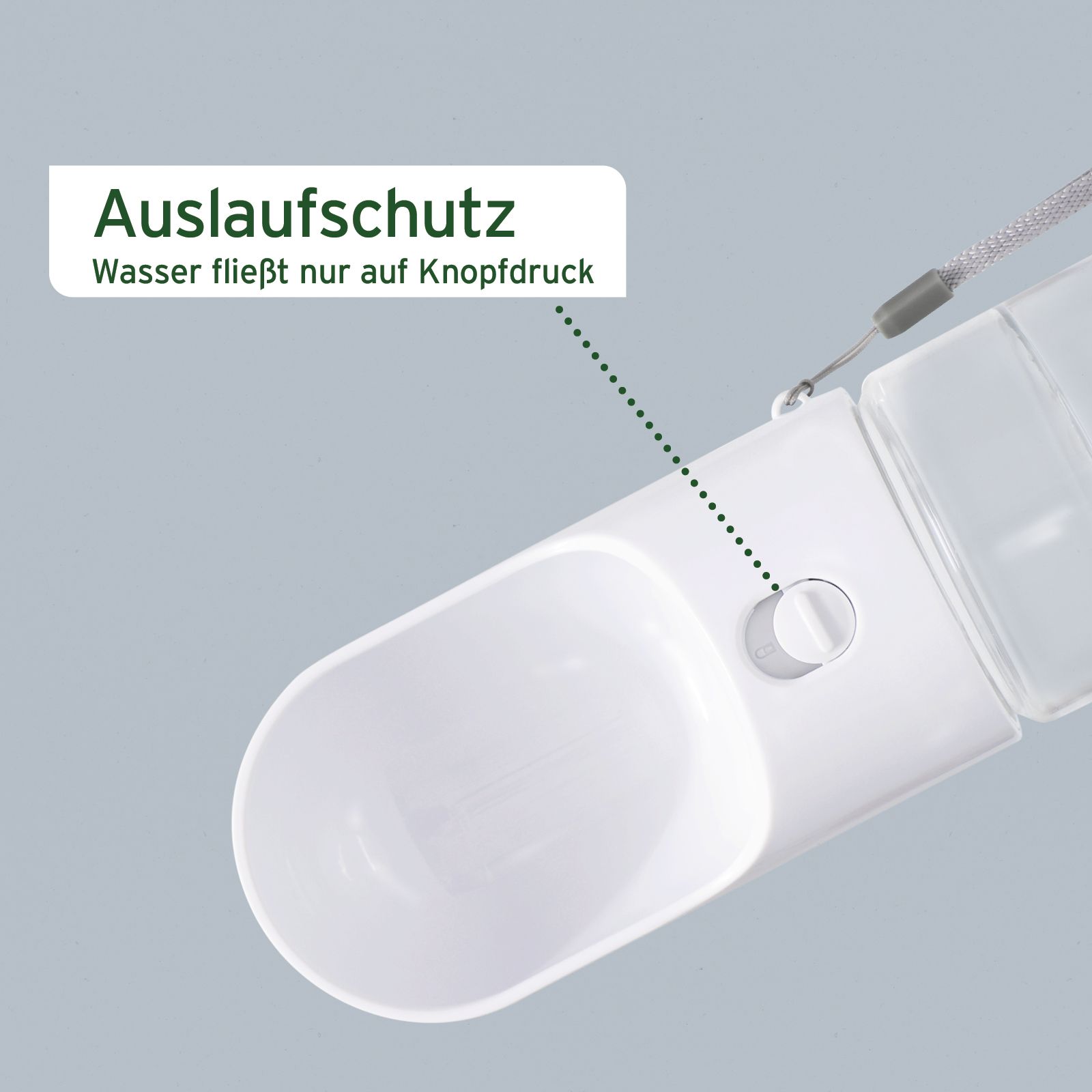 Weiße Trinkflasche mit Auslaufschutz und Knopf, der Wasser nur bei Druck freigibt.