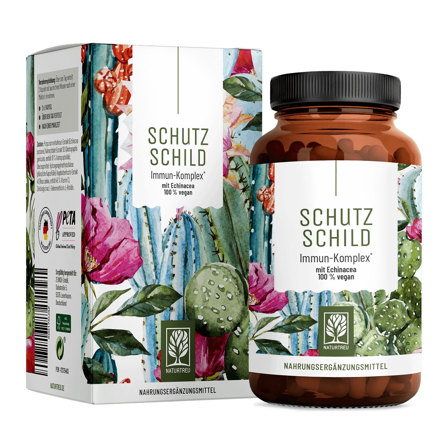 Braune Flasche und Schachtel mit Produktaufschrift. "Schutz Schild Immun-Komplex" mit Echinacea. Vegan.