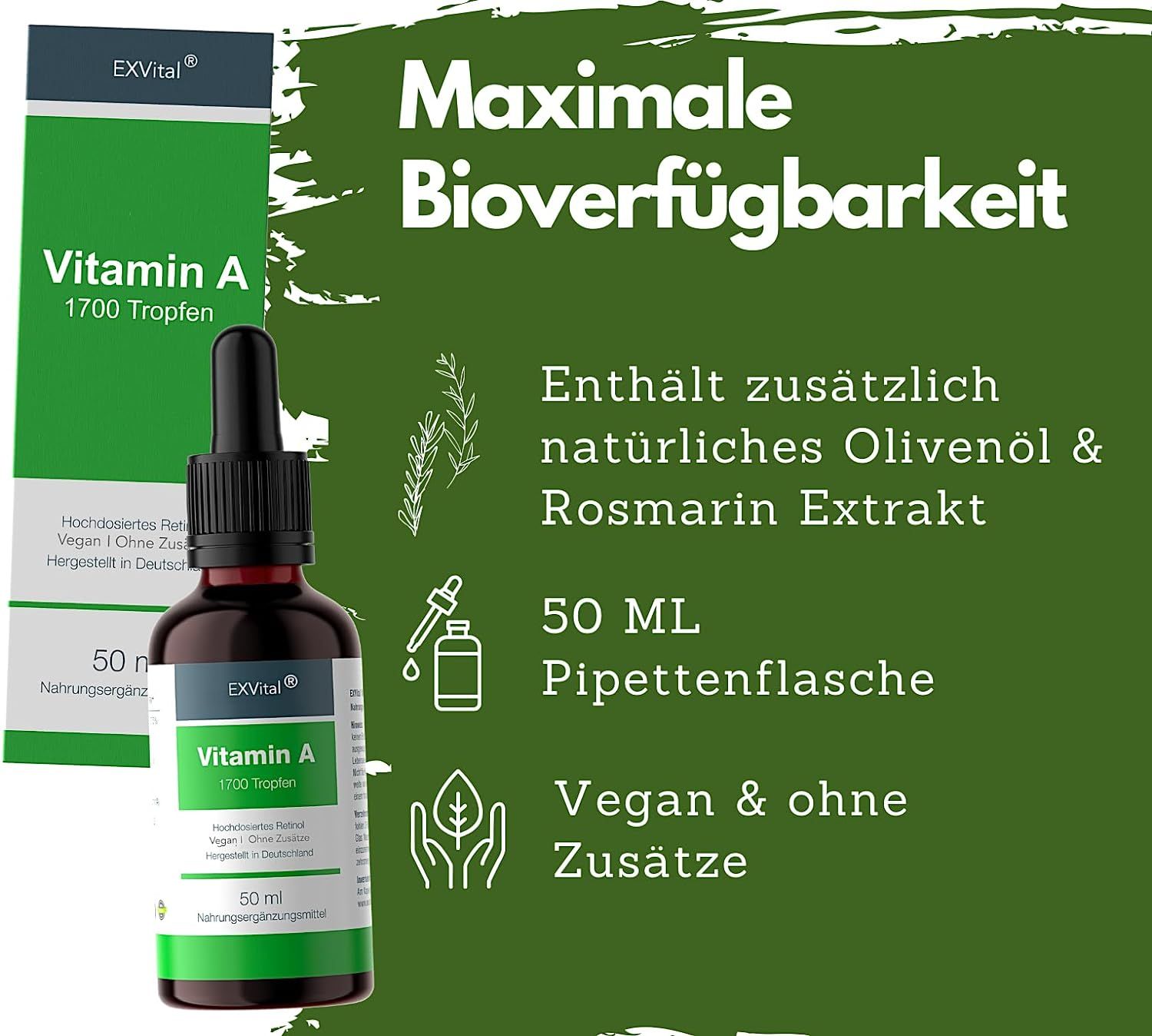 EXVital Vitamin A Tropfen: Pipettenflasche 50 ml, vegan, ohne Zusätze.