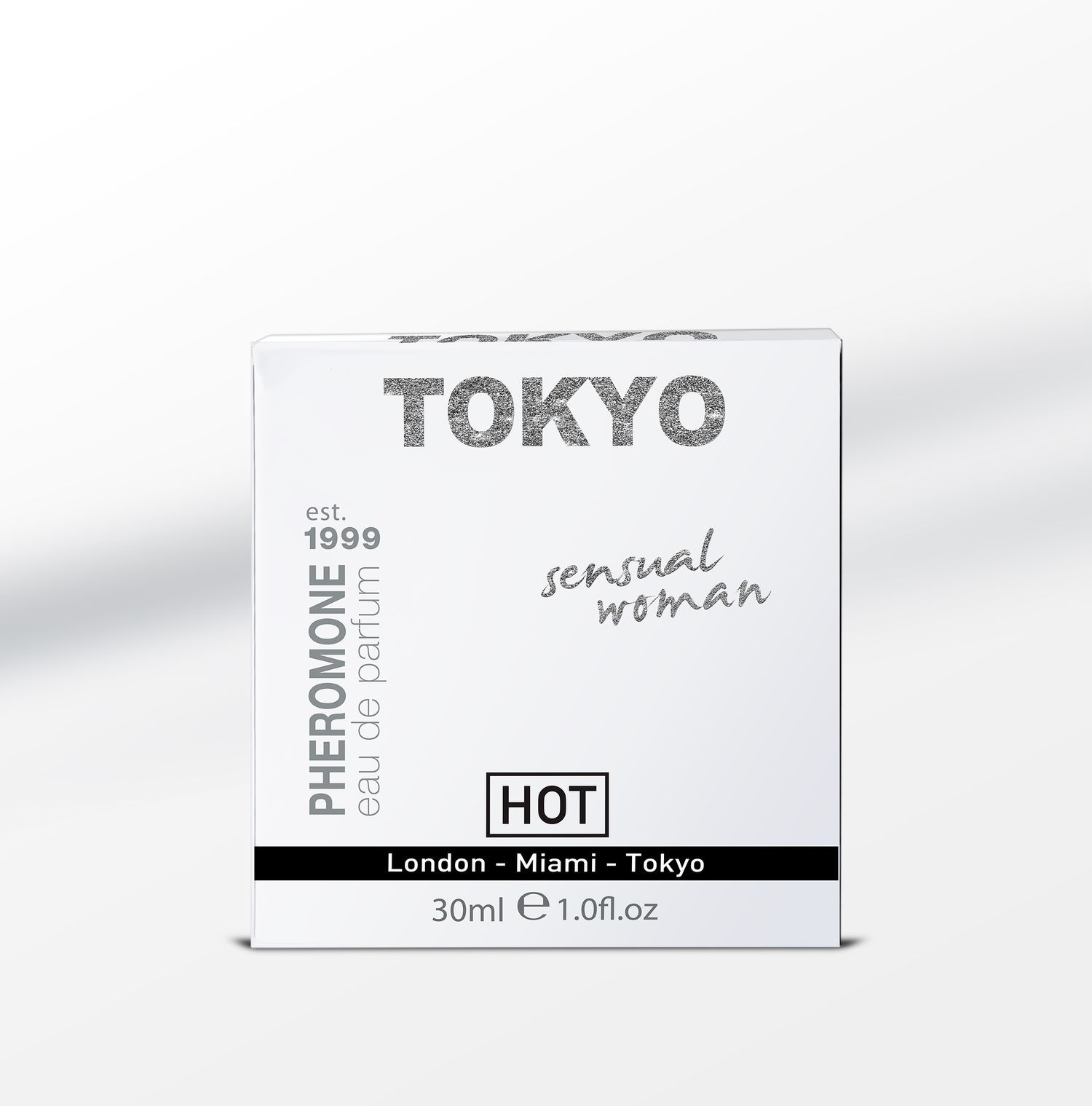 Verpackung. Aufschrift: TOKYO, sensual woman. Schwarze und weiße Verpackung. 30ml.