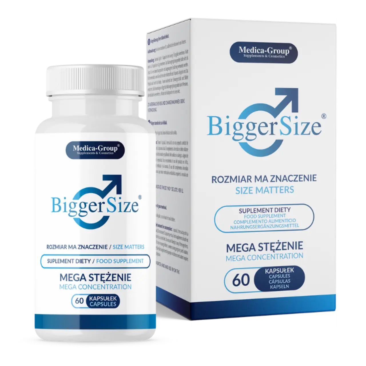 Weiße Kapsel-Flasche und -Box mit blauem Logo und Text. Aufschrift: BiggerSize, Mega Konzentration, 60 Kapseln. Medica-Group.