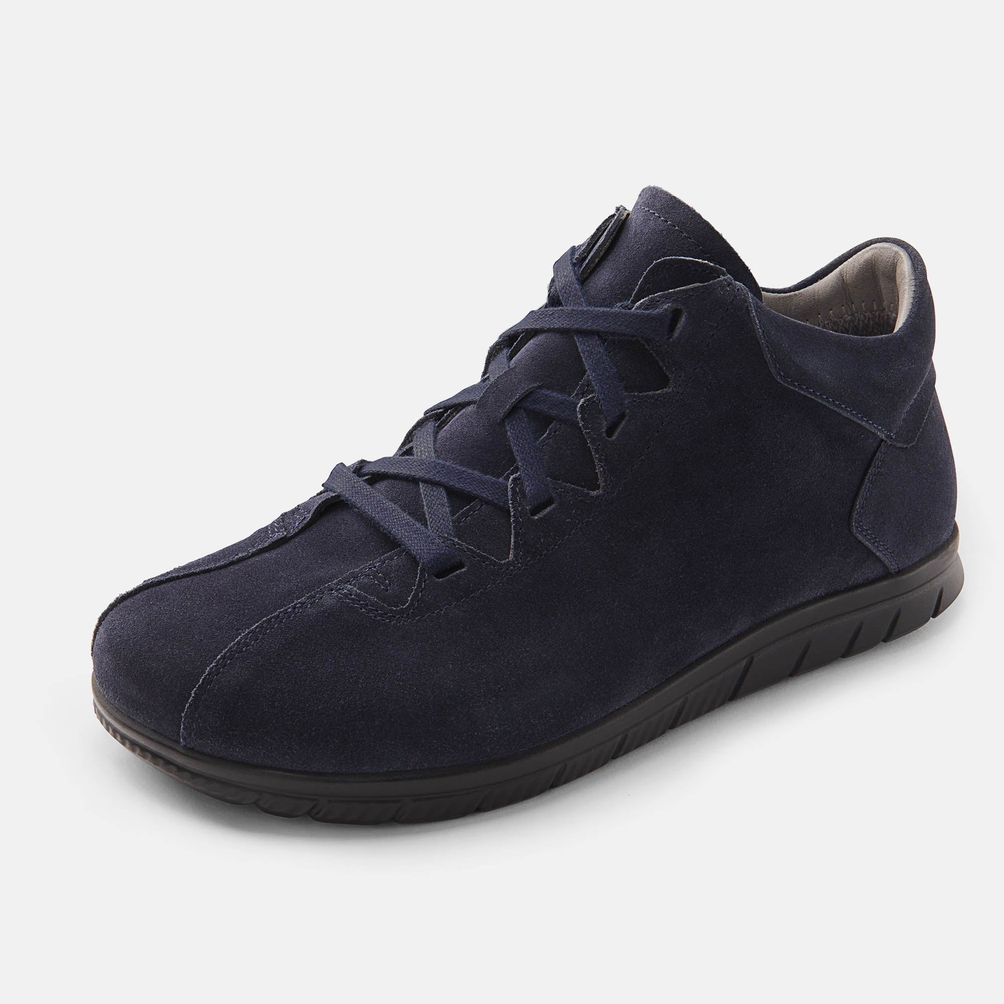 Blaue Stiefelette mit Schnürsenkeln. Schwarze Sohle. Obermaterial aus Wildleder. Reißverschluss an der Seite.