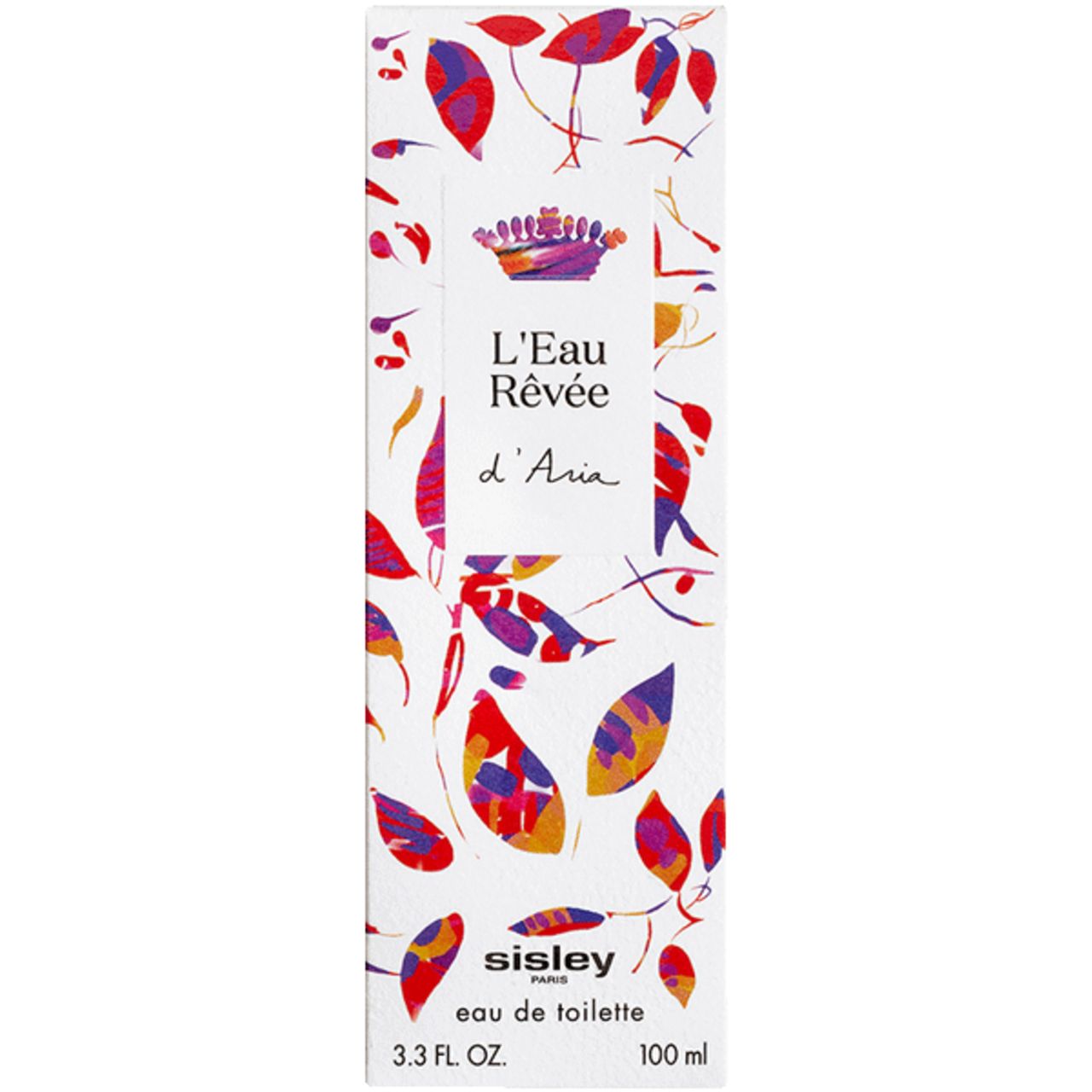 Nahaufnahme einer weißen Schachtel mit floralem Muster. Aufschrift: L'Eau Rêvée d'Aria, Sisley Paris, Eau de Toilette. 3.3 FL. OZ. und 100 ml.