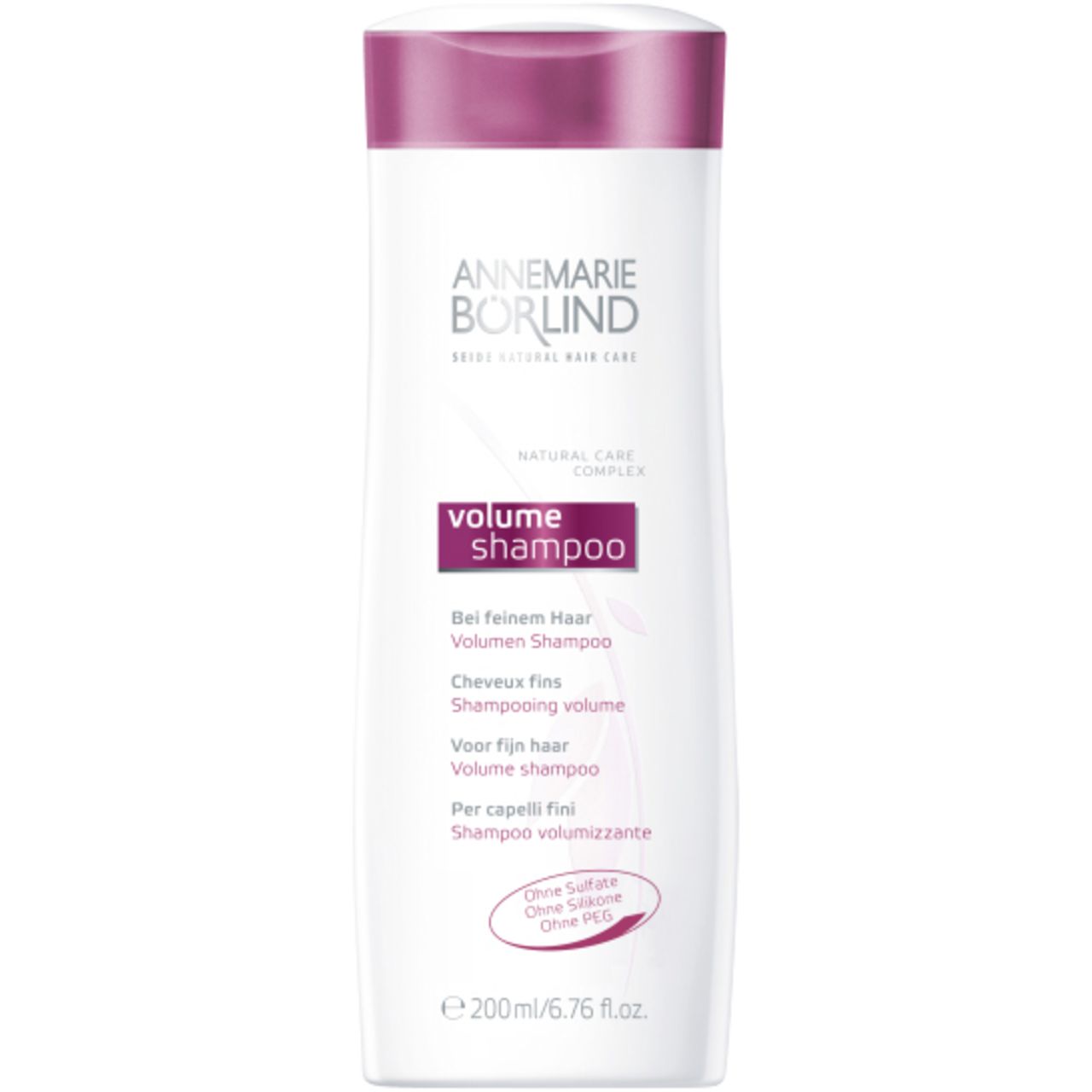 Weißes Shampoo mit lila Deckel. Aufschrift: ANNEMARIE BÖRLIND, Volumen-Shampoo. Text in mehreren Sprachen.