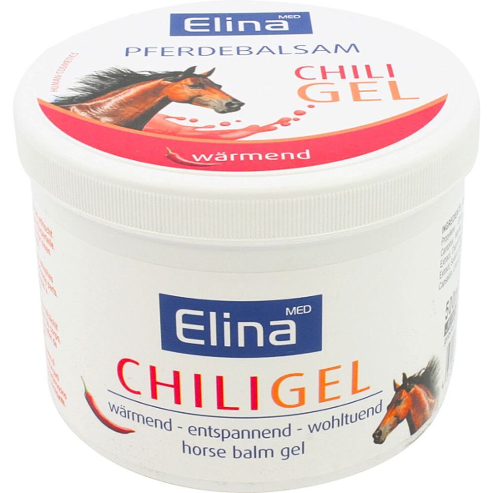 Weißer Tiegel mit rotem und blauem Etikett. Enthält "Elina Chili Gel". Abbildung eines Pferdekopfes und einer Chili-Schote.