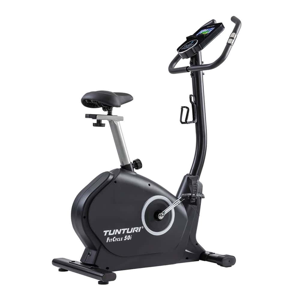 Ergometer in Schwarz. Lenker, Sattel und Pedale. Auf dem Rahmen steht "Tunturi FitCycle 50i".