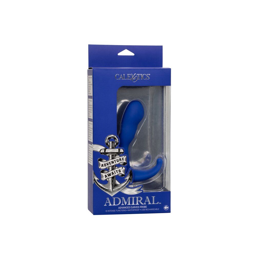 Verpackung des blauen Analplugs. Die Verpackung zeigt den Produktnamen Admiral und ein Anker-Design. Mit Sichtfenster.