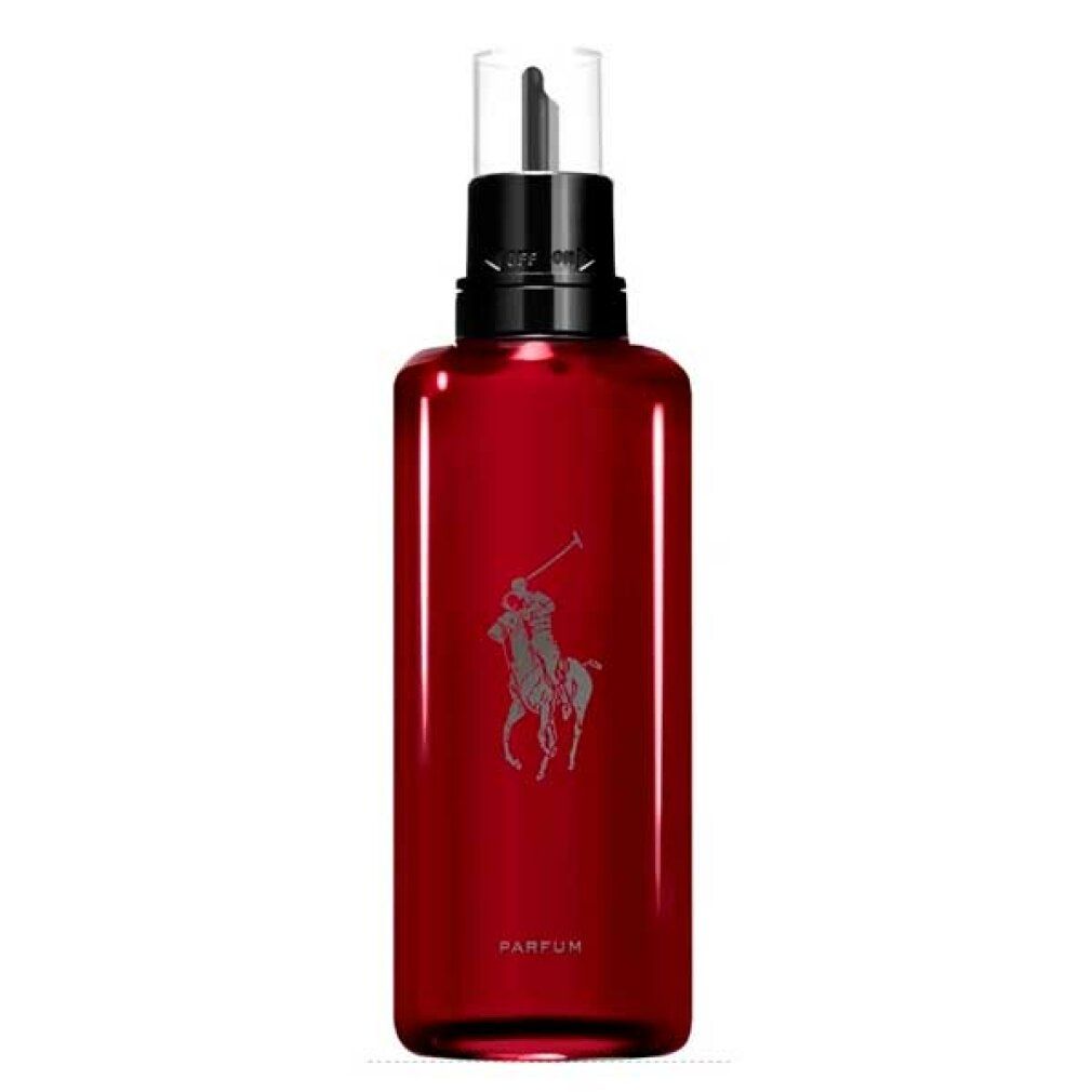 Roter Flakon mit schwarzem Sprühkopf. Logo eines Polospielers. Aufschrift: PARFUM.