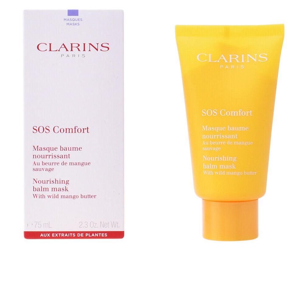 Gelbe Tube und Verpackung. Aufschrift: Clarins Paris, SOS Comfort, Masque baume nourrissant, Nourishing balm mask.