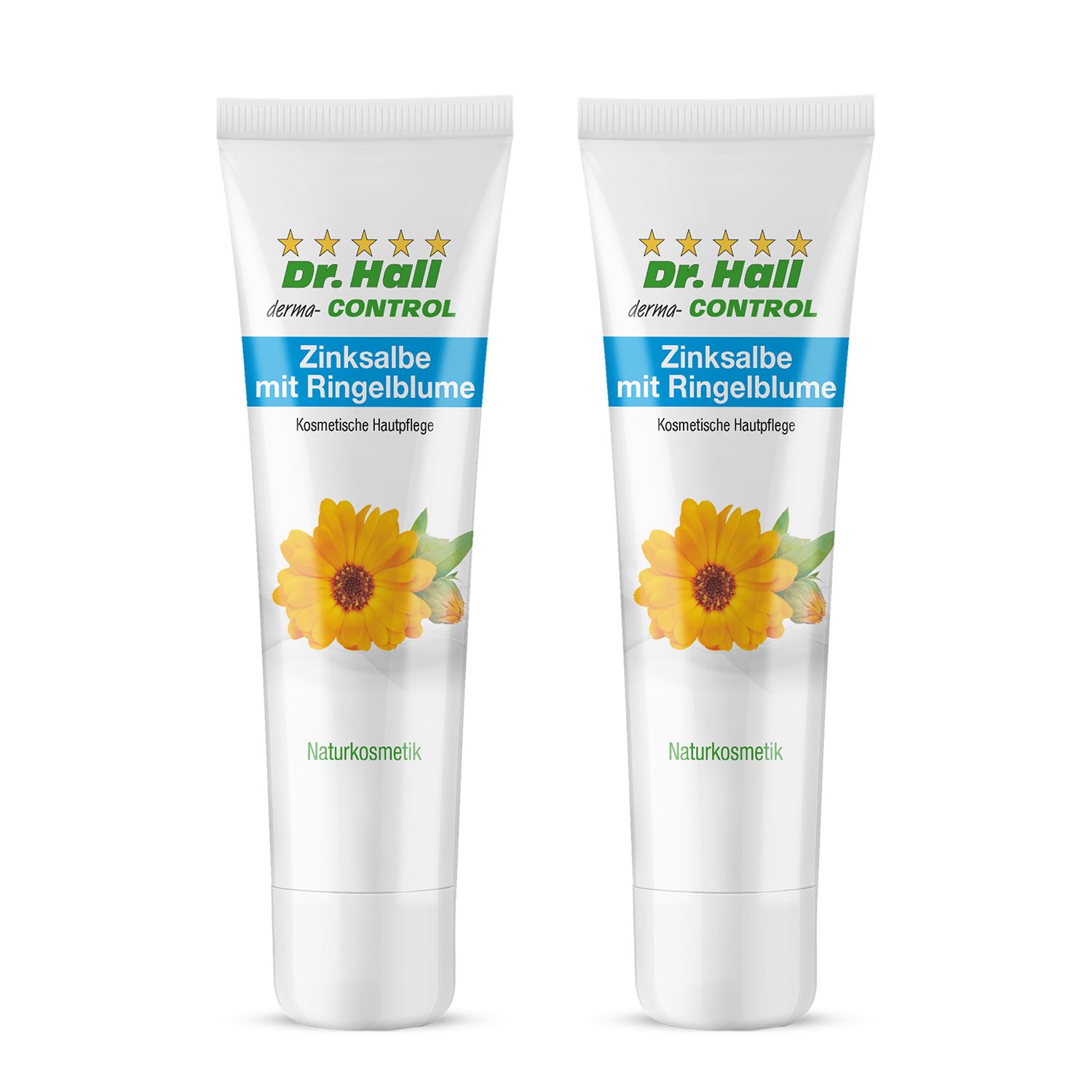 Zwei Tuben Zinksalbe mit Ringelblume. Weiße Tuben mit floralem Design und Produktbezeichnung. Naturkosmetik.
