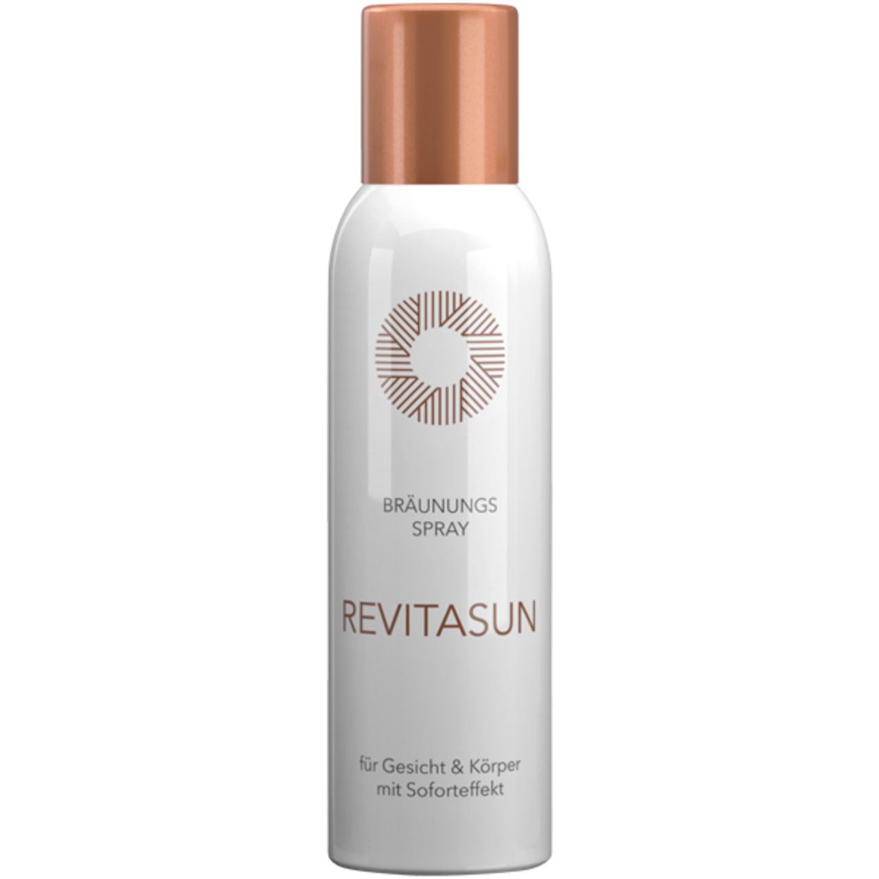 Weißes RevitaSun Bräunungsspray mit kupferfarbenem Deckel. Text: Bräunungsspray, für Gesicht & Körper, Soforteffekt.