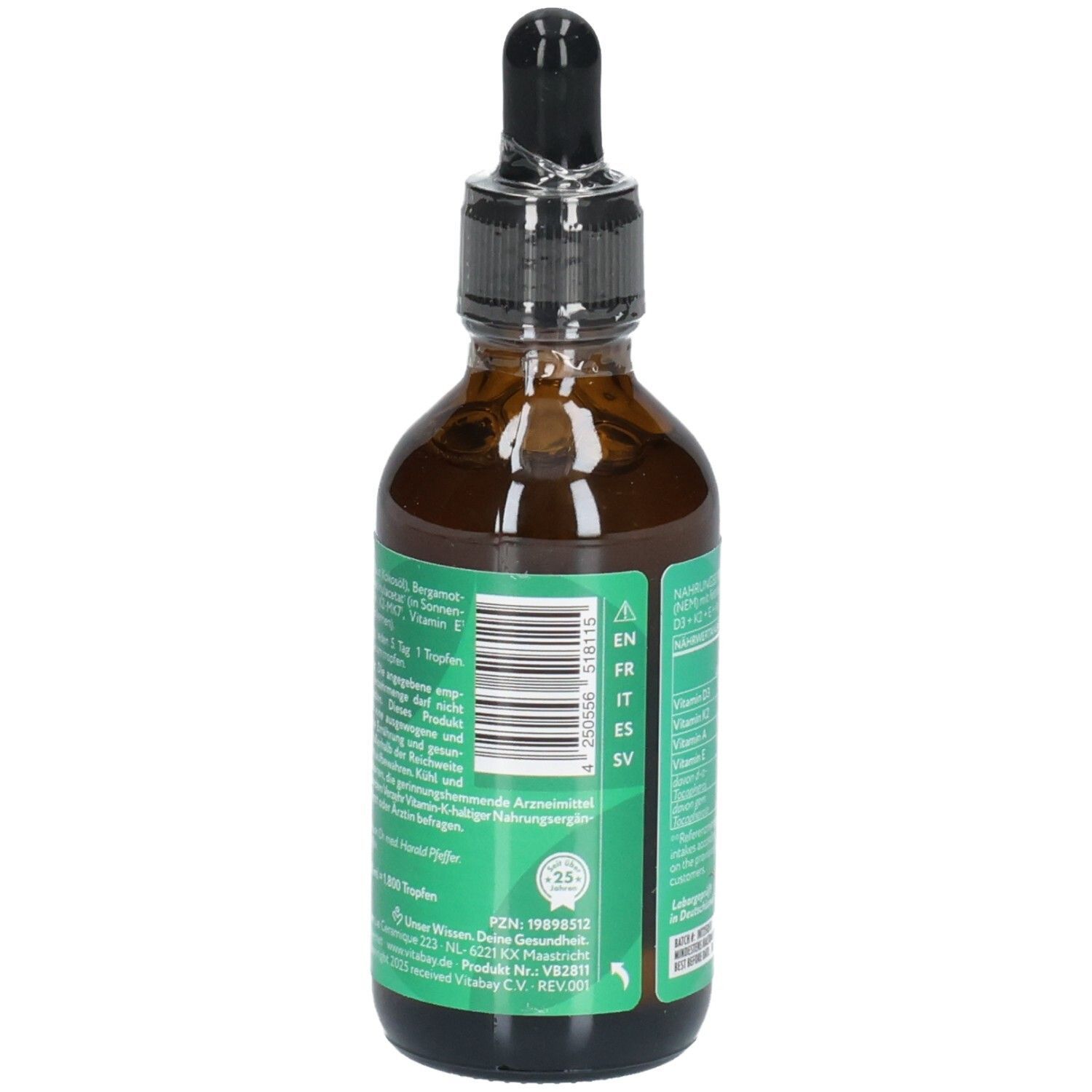 Braune Glasflasche mit Tropfer, Etikett mit Barcode und mehrsprachigen Informationen.