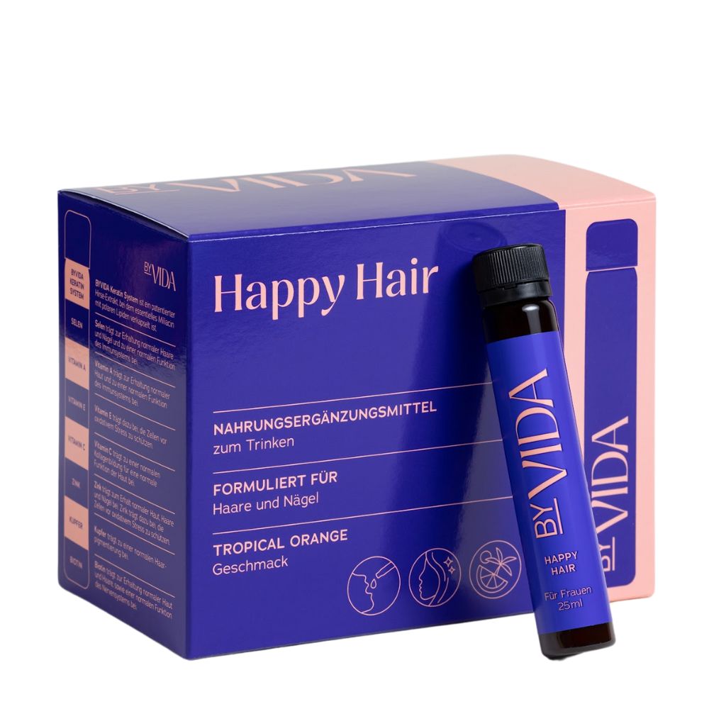 Blau-rosa Karton mit "Happy Hair BYVIDA". Eine Trinkampulle daneben. Text: Nahrungsergänzungsmittel, Tropical Orange.