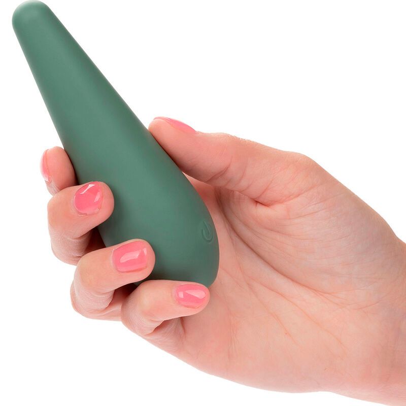 Grünes Massagegerät in Hand gehalten. Tropfenförmig. Mit Ein-/Ausschalter.