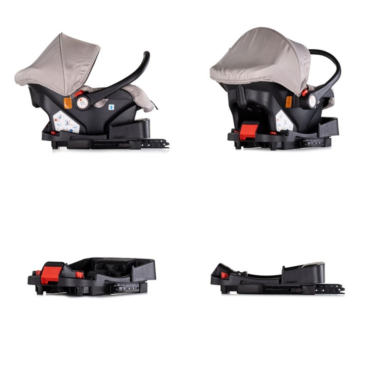 Baby-Autositz mit Basis, verschiedene Ansichten.