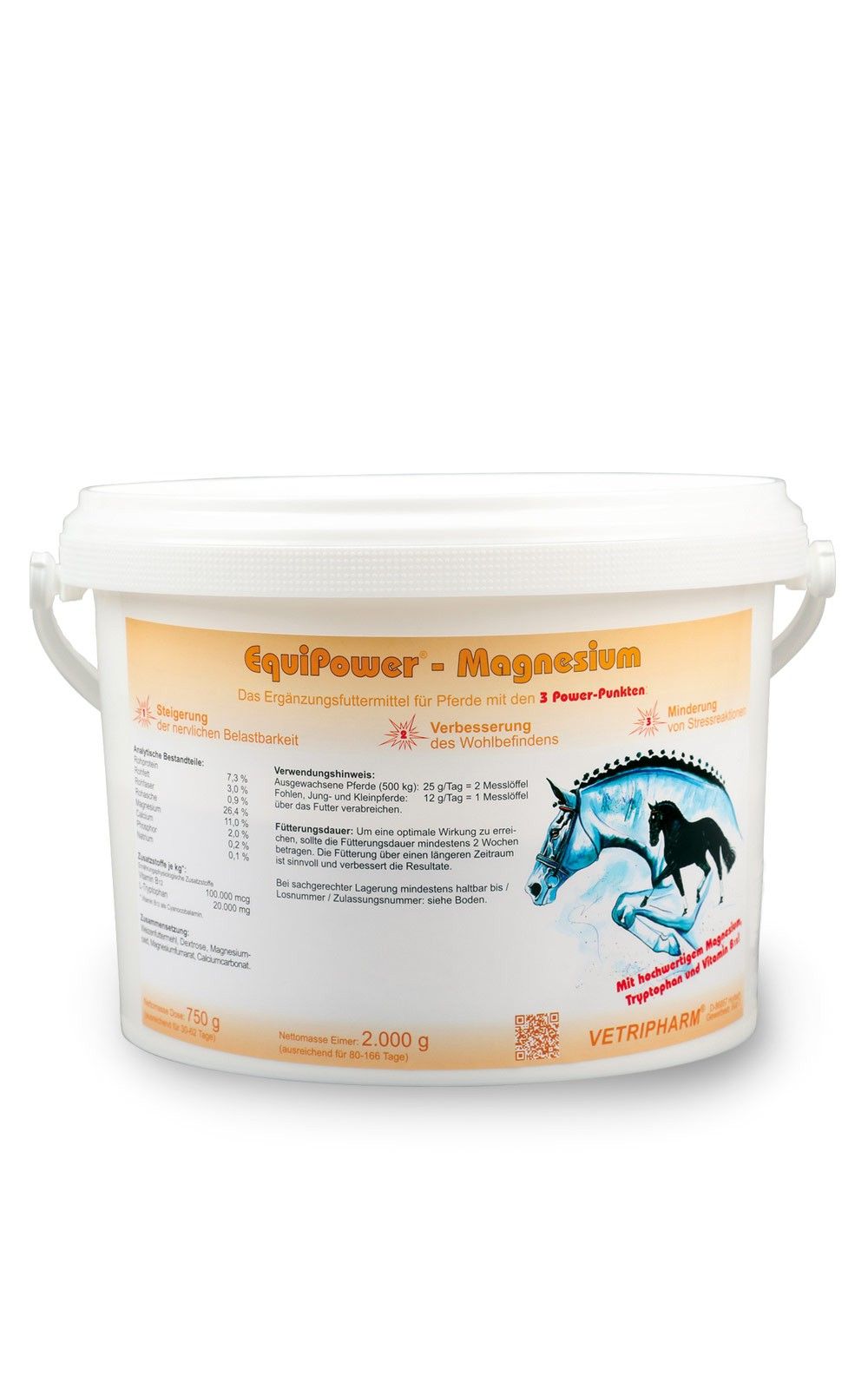 EquiPower Magnesium Ergänzungsfuttermittel für Pferde in einem weißen Eimer mit Etikett und Pferdeabbildung.