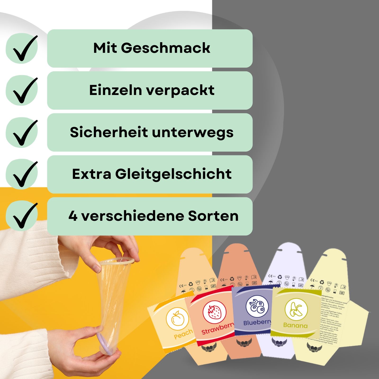 Kondome mit Geschmack, 4 Sorten. Abbildungen von Pfirsich, Erdbeere, Blaubeere, Banane. Logo mit Flügeln.