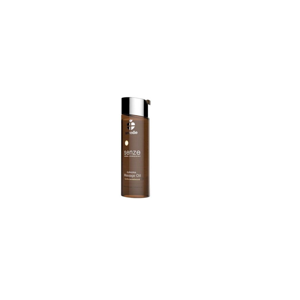 Braune Flasche mit silbernem Deckel. Aufschrift: Senze Massage Oil. Herbal Aphrodisiac. Auf weißem Hintergrund.