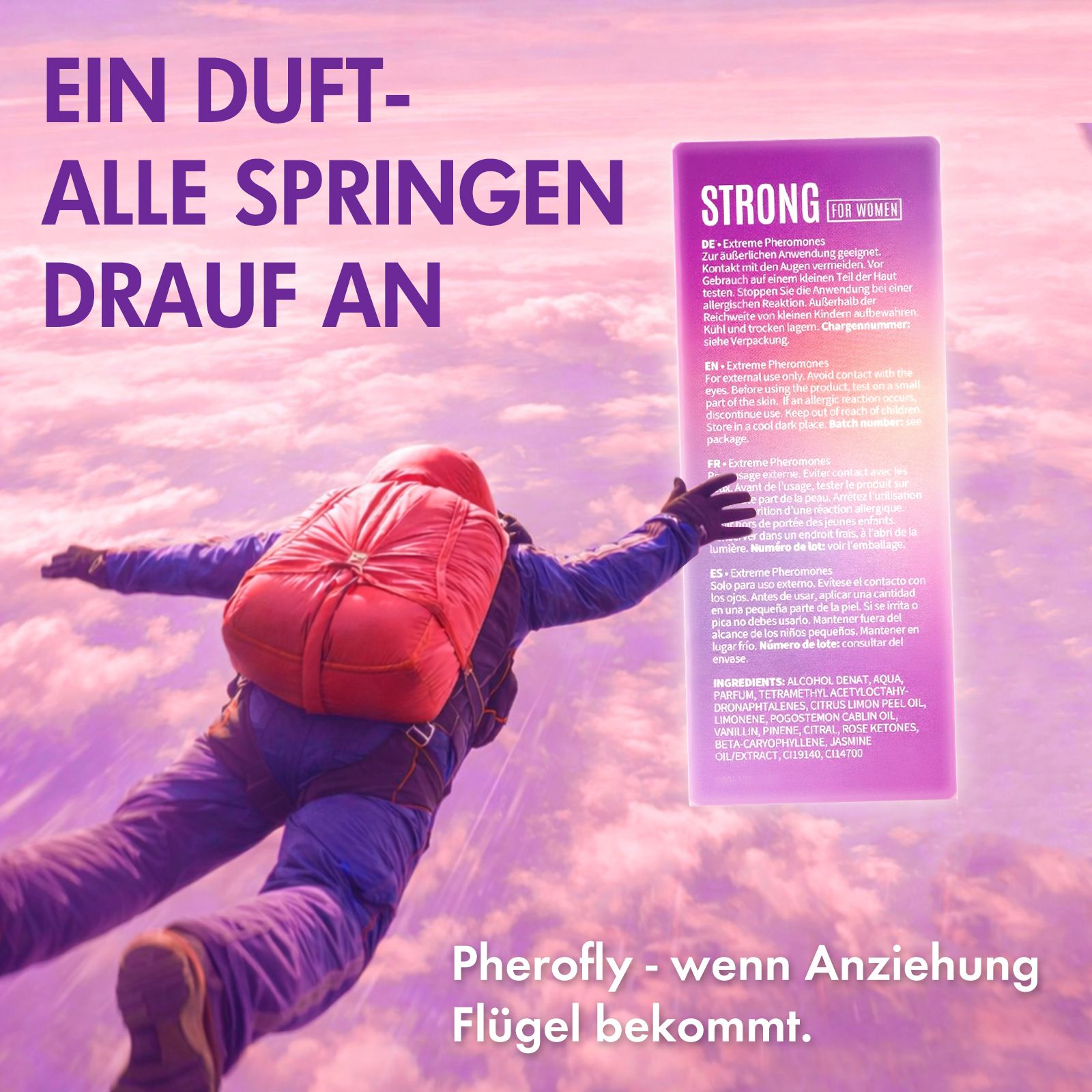 Fallschirmspringer und Verpackung. Lila Etikett mit Produktnamen. Verpackung mit Text. Person im Fall.