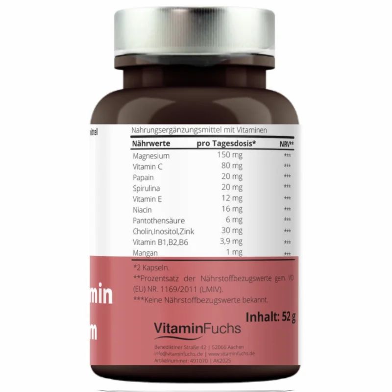 Rückseite der braunen Flasche. Enthält Nährwertangaben und Inhaltsstoffe. Marke: Vitamin Fuchs. Inhalt: 52g.