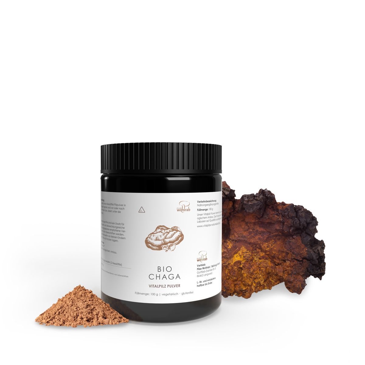 Schwarze Dose mit BIO Chaga Pulver, braunes Pulver und Chaga-Pilz daneben. Aufschrift: BIO CHAGA VITALPILZ PULVER.