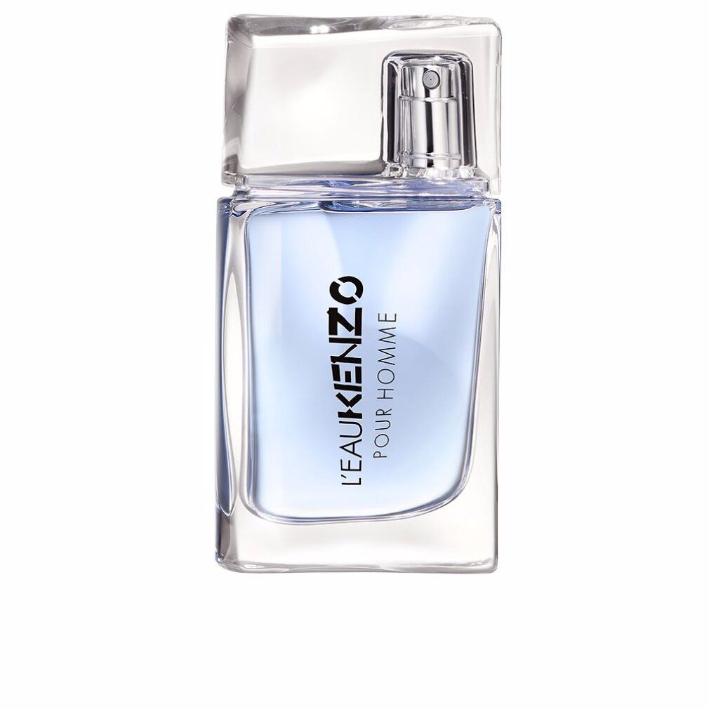 L'Eau Kenzo Pour Homme Flakon. Klare Glasflasche mit blauem Duftwasser und silbernem Sprühkopf.