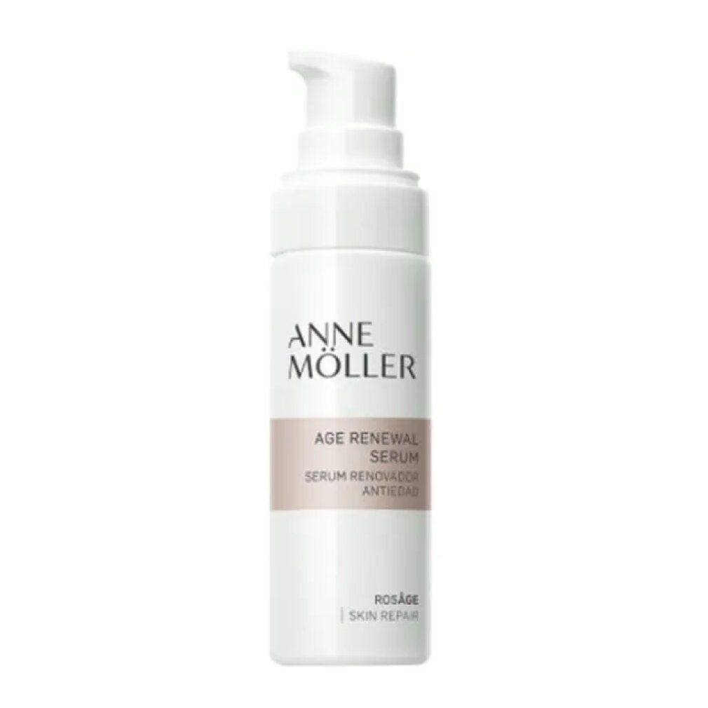 Weiße Flasche mit Pumpe. Aufschrift: ANNE MÖLLER, AGE RENEWAL SERUM, ROSÂGE SKIN REPAIR.