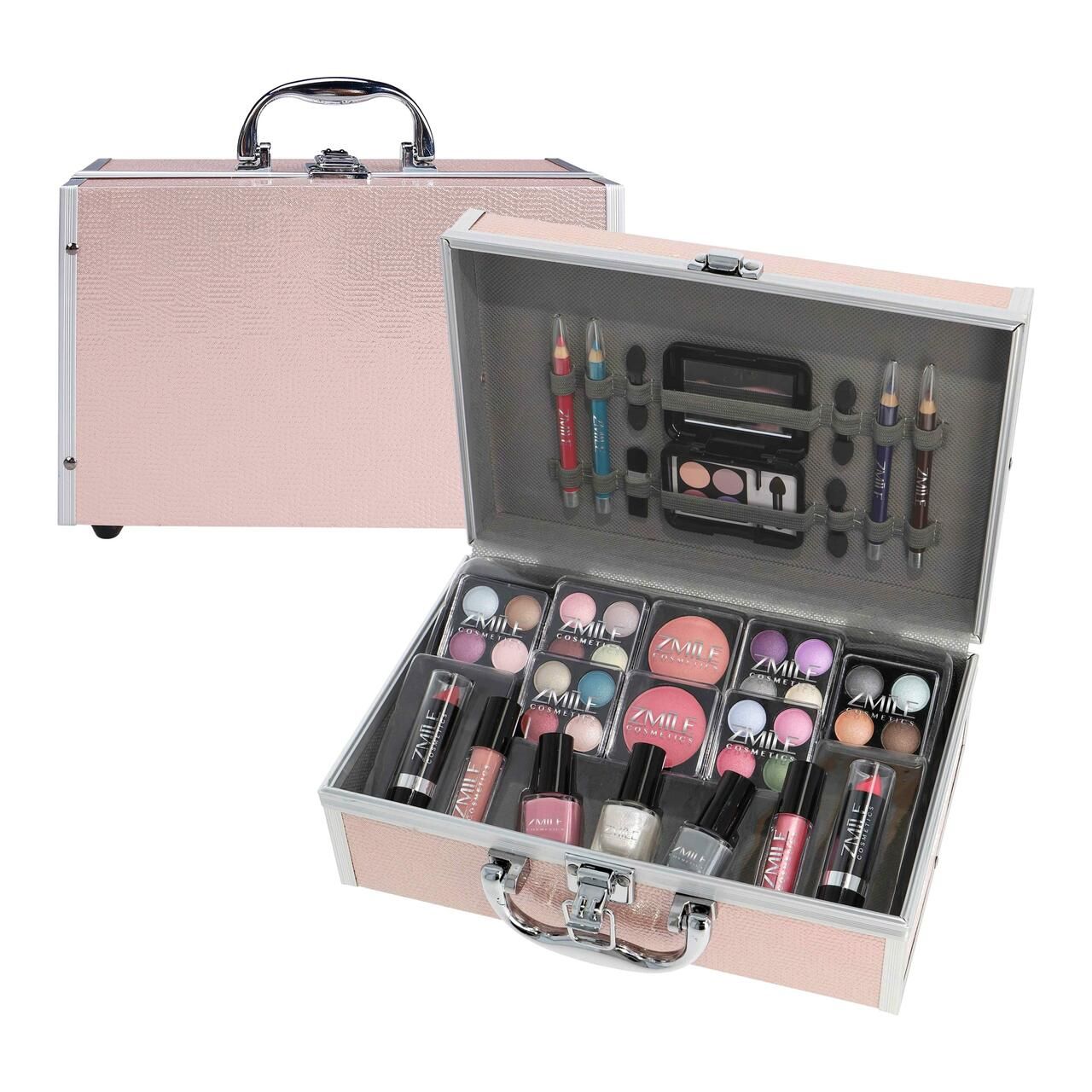 Kosmetik-Koffer, geöffnet, mit Make-up-Produkten. Enthält Lidschatten, Lippenstifte, Nagellacke und Stifte. Marke ZMILE Cosmetics.
