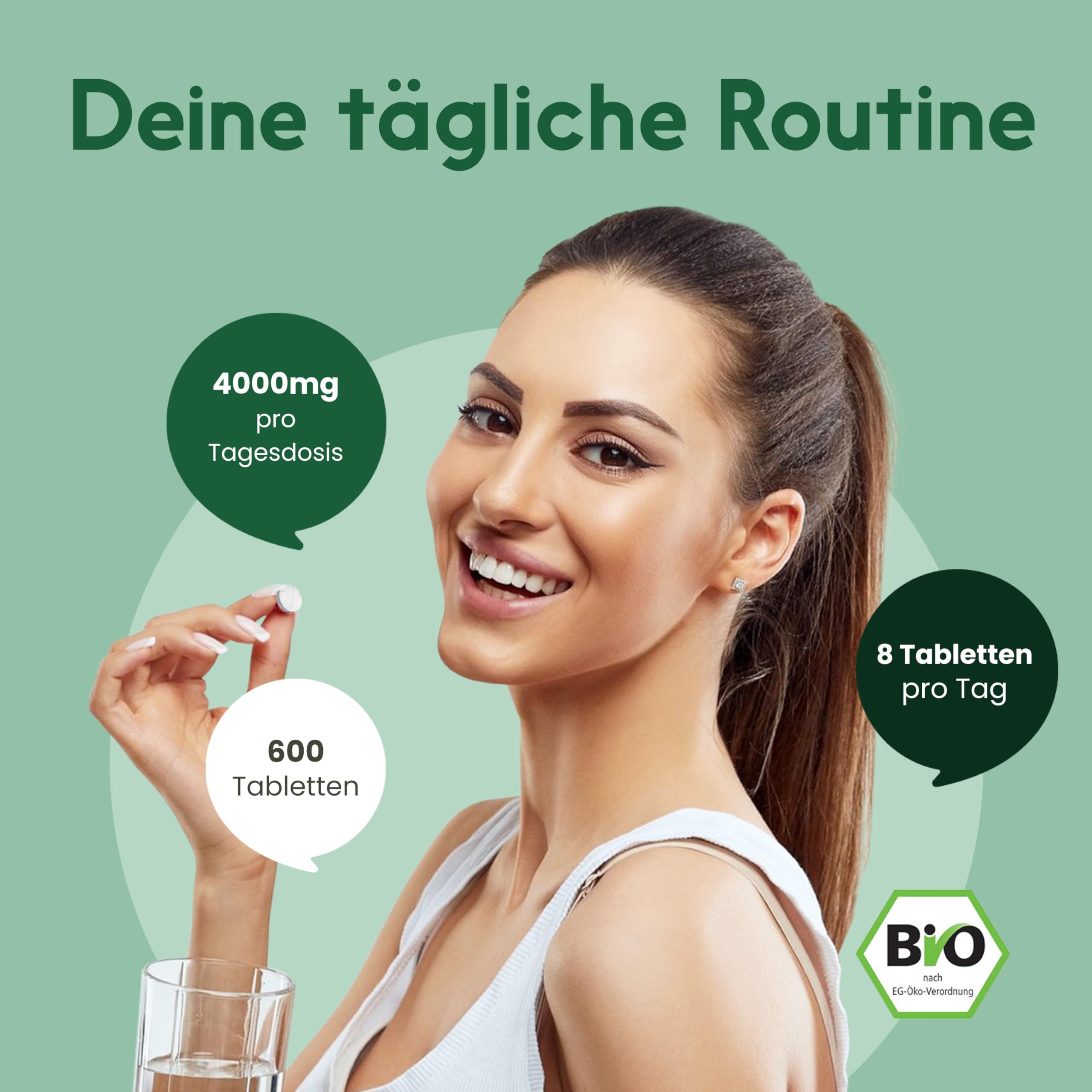 Frau hält Tablette. Text: 4000mg pro Tagesdosis, 600 Tabletten, 8 Tabletten pro Tag. Bio-Siegel.