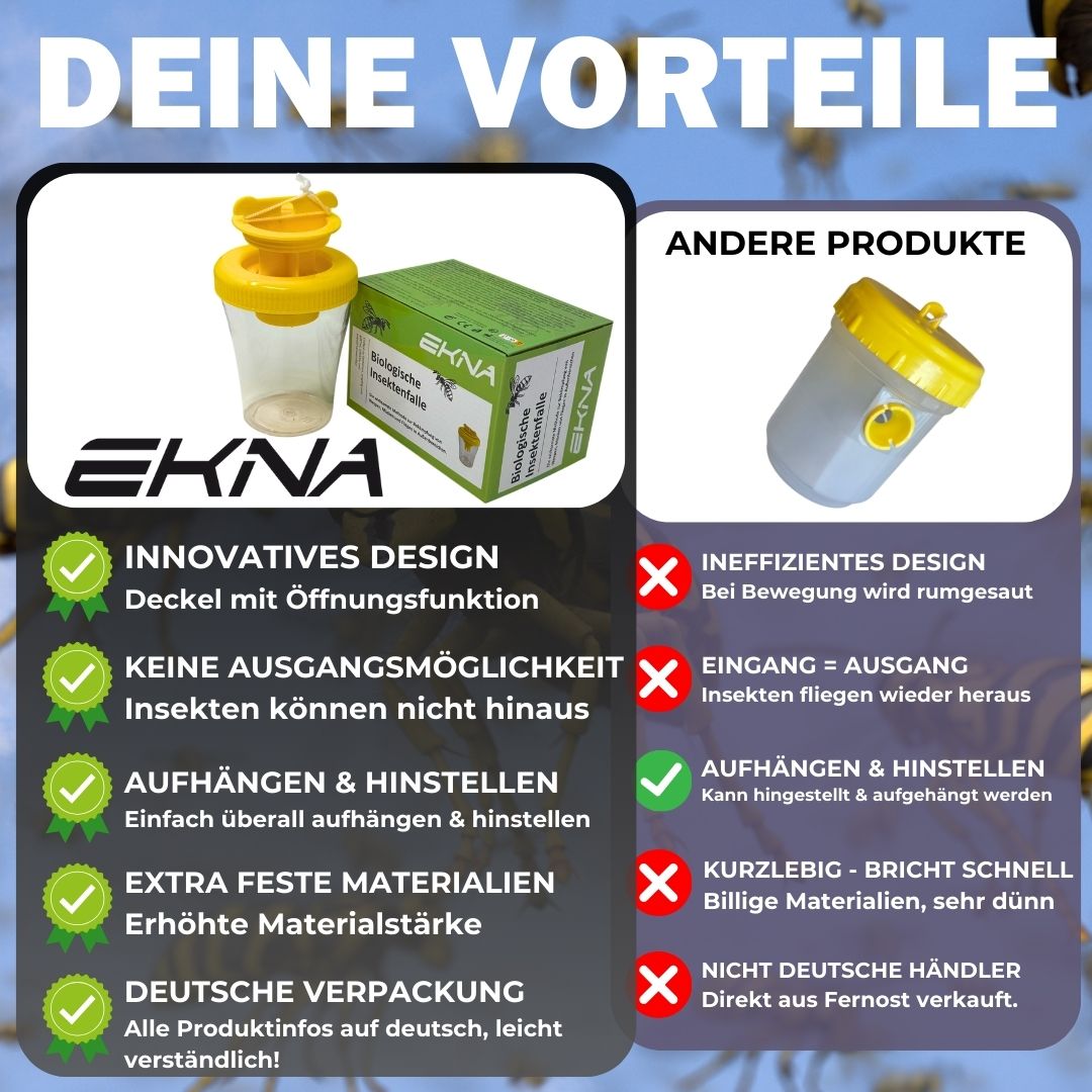 Insektenfalle mit gelbem Deckel und Box. Vergleich von zwei Designs. Text: "Innovatives Design" und "Ineffizientes Design".